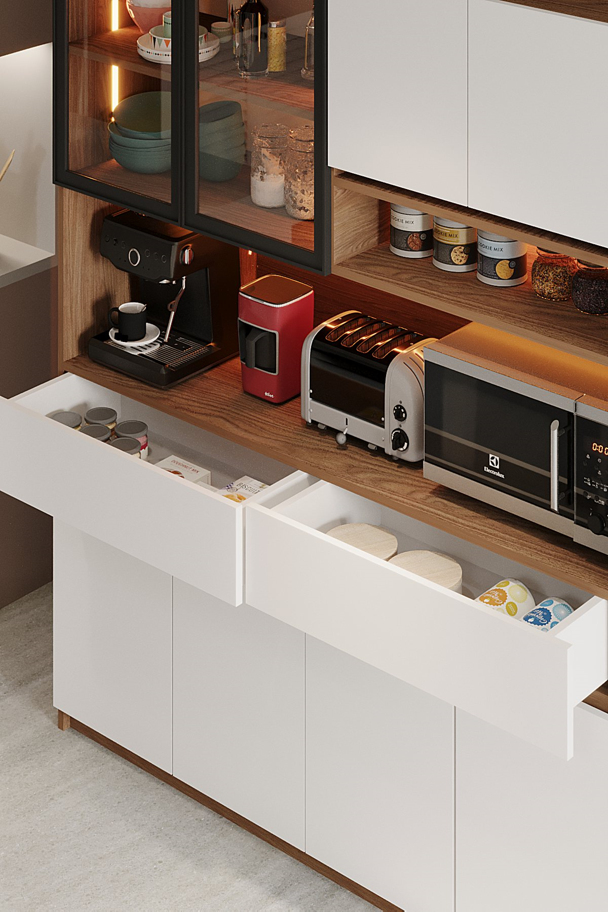 Kaffa Kahve Köşesi 4 Kapaklı Led Işıklı Raflı Çok Amaçlı Airfryer Kiler Dolabı Ceviz- Beyaz