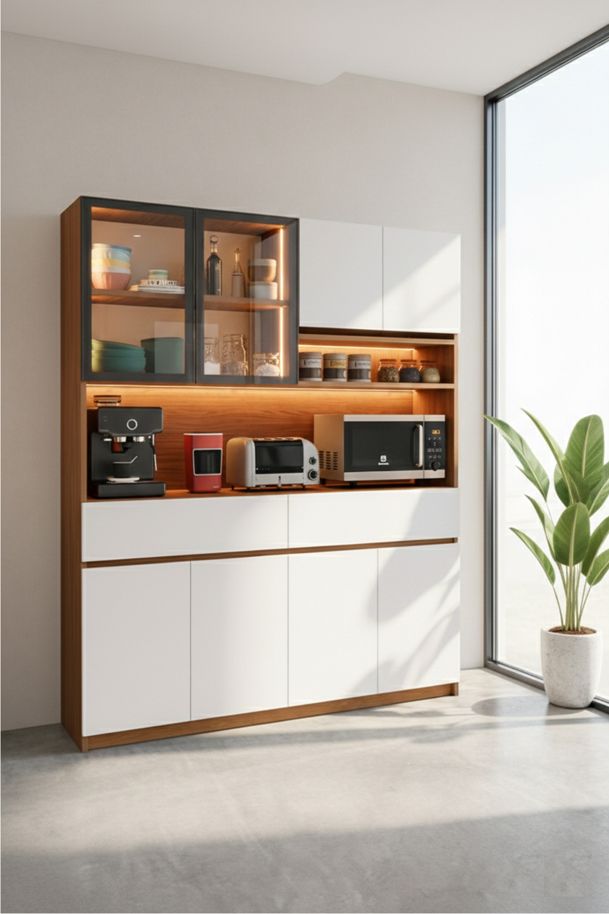 Kaffa Kahve Köşesi 4 Kapaklı Led Işıklı Raflı Çok Amaçlı Airfryer Kiler Dolabı Ceviz- Beyaz