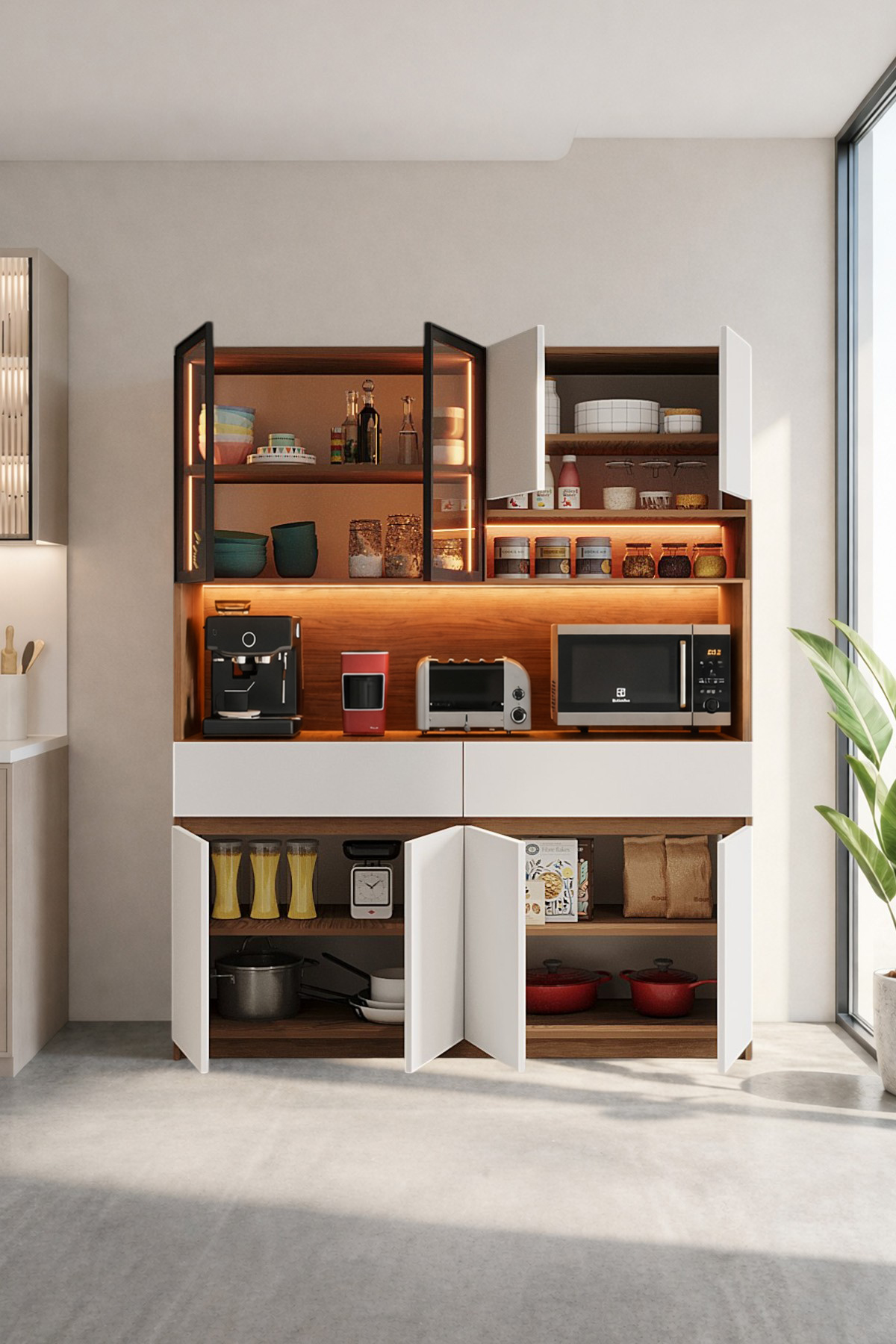 Kaffa Kahve Köşesi 4 Kapaklı Led Işıklı Raflı Çok Amaçlı Airfryer Kiler Dolabı Ceviz- Beyaz