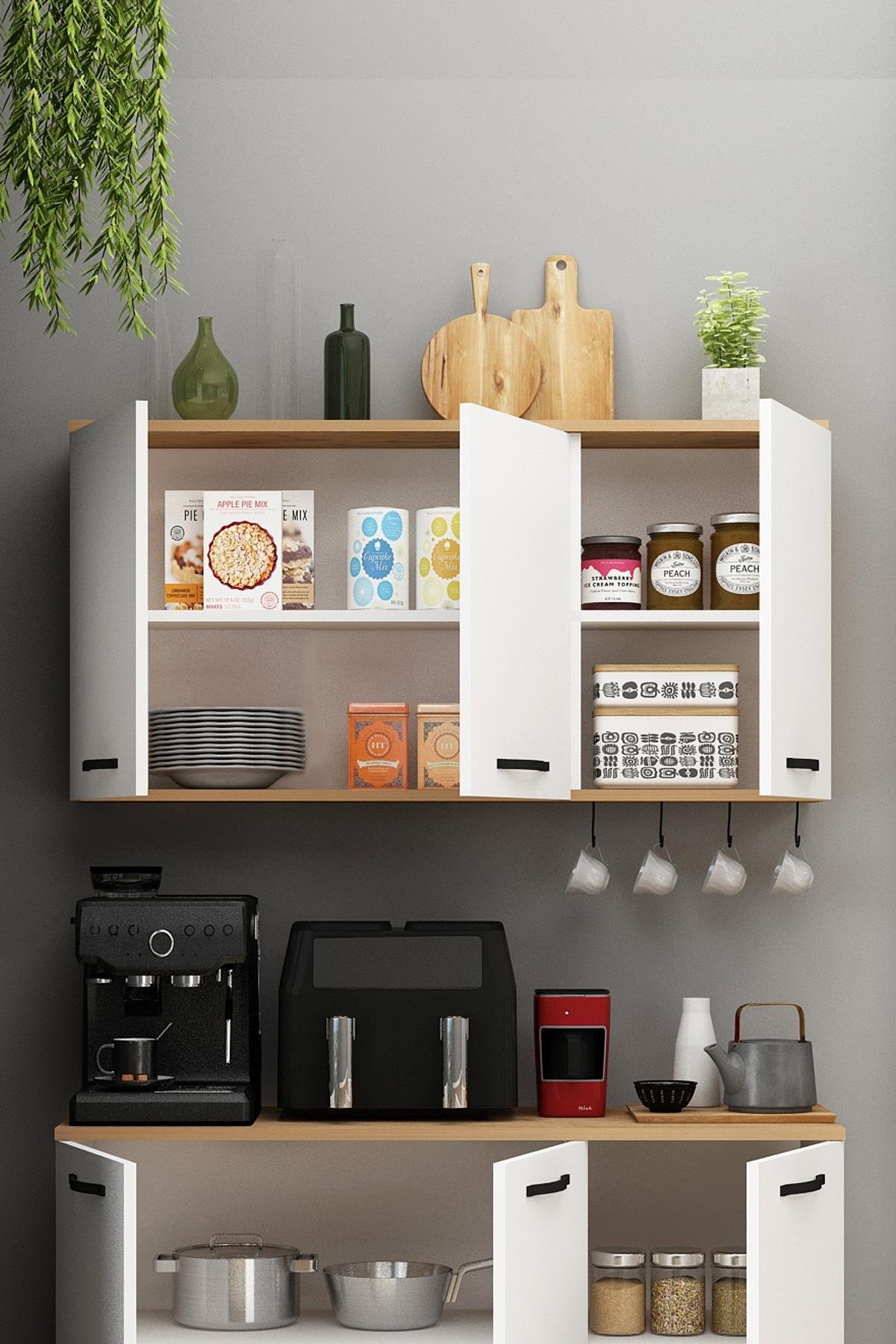 Smart Üst Modül Çok Amaçlı Dolap Erzak Dolabı Airfry Dolabı Kahve Köşesi Sepet Beyaz