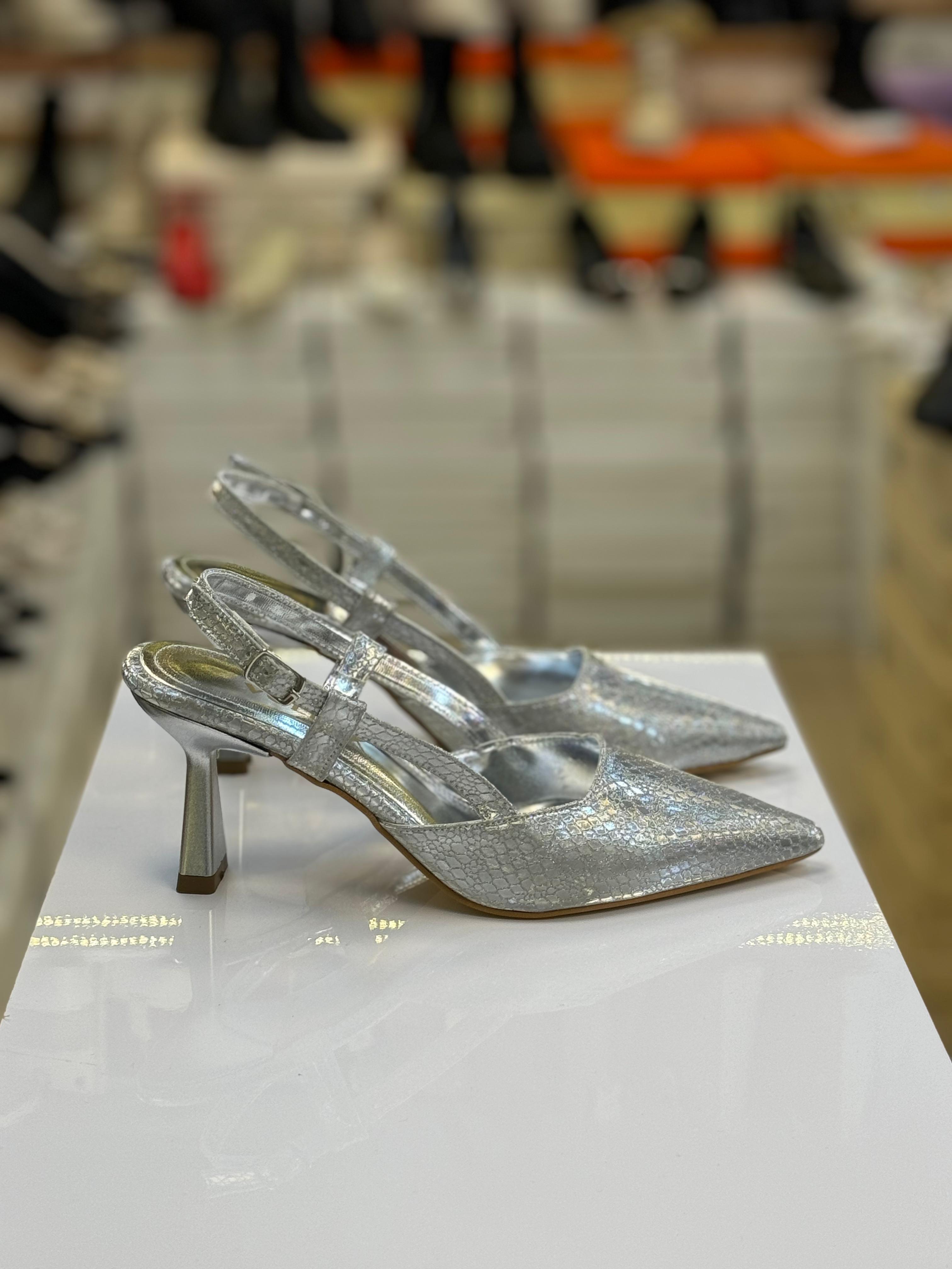 Arkası Açık Yüksek Topuk DPN Malzeme Gümüş Stiletto