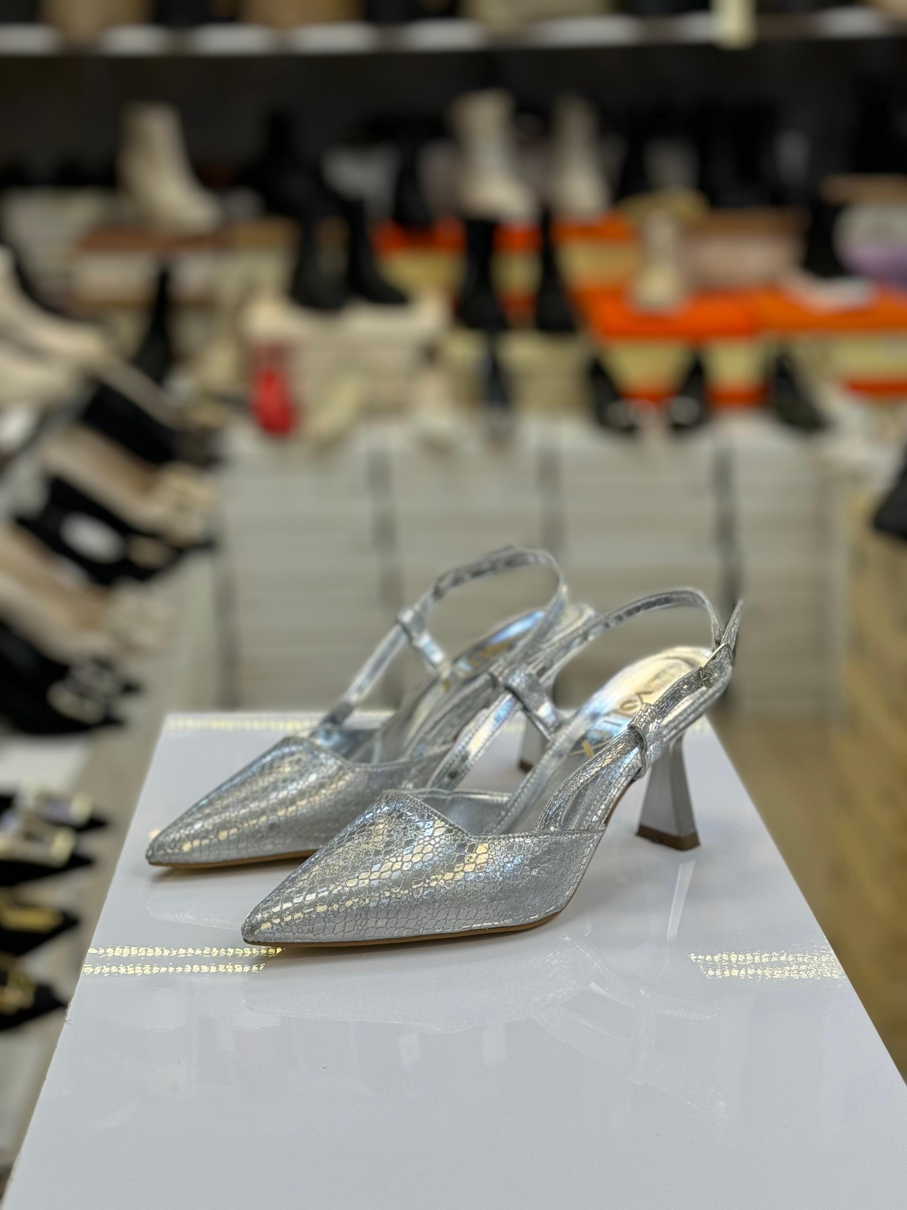 Arkası Açık Yüksek Topuk DPN Malzeme Gümüş Stiletto