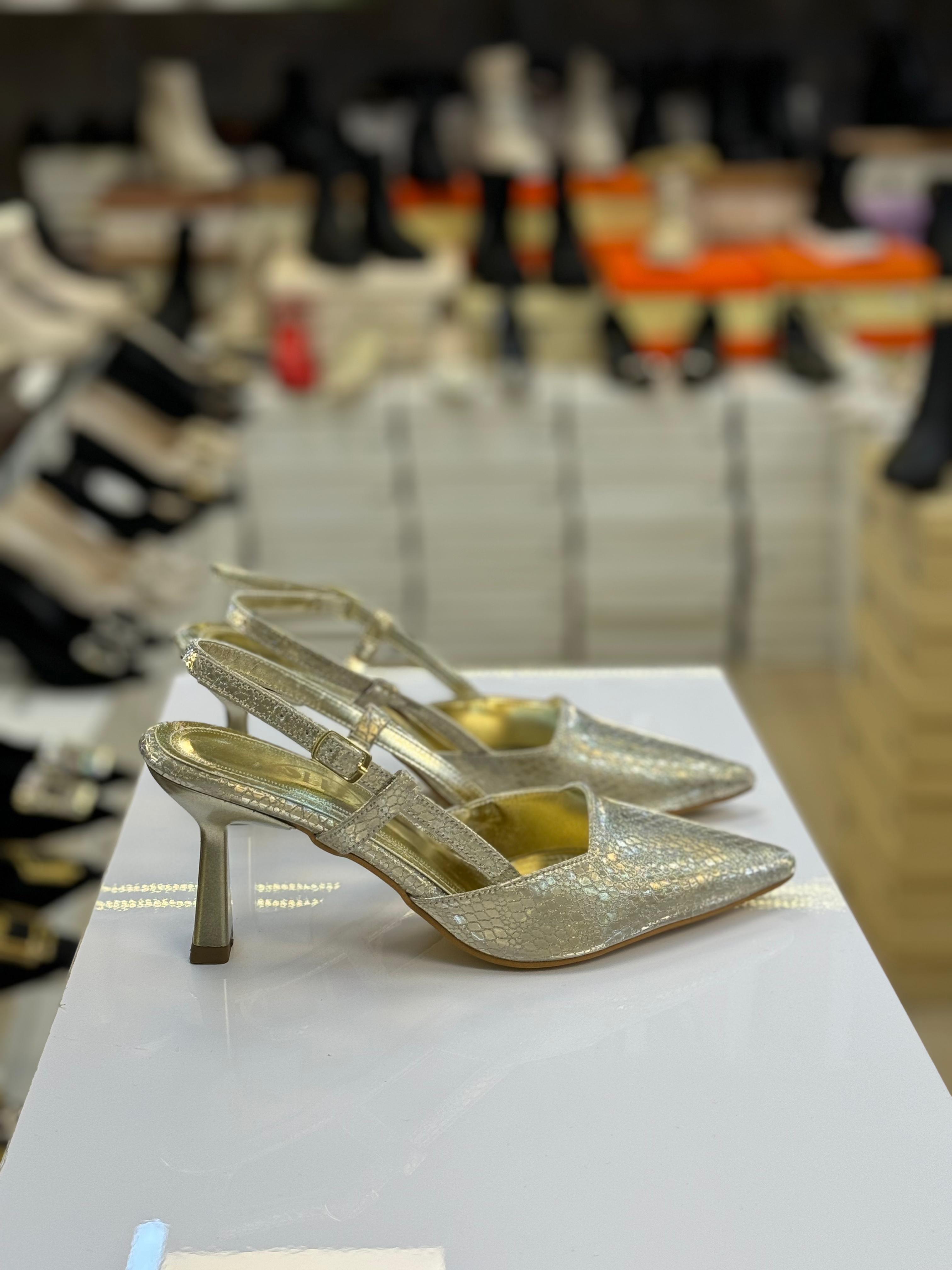 Arkası Açık Yüksek Topuk DPN Malzeme Gold Stiletto