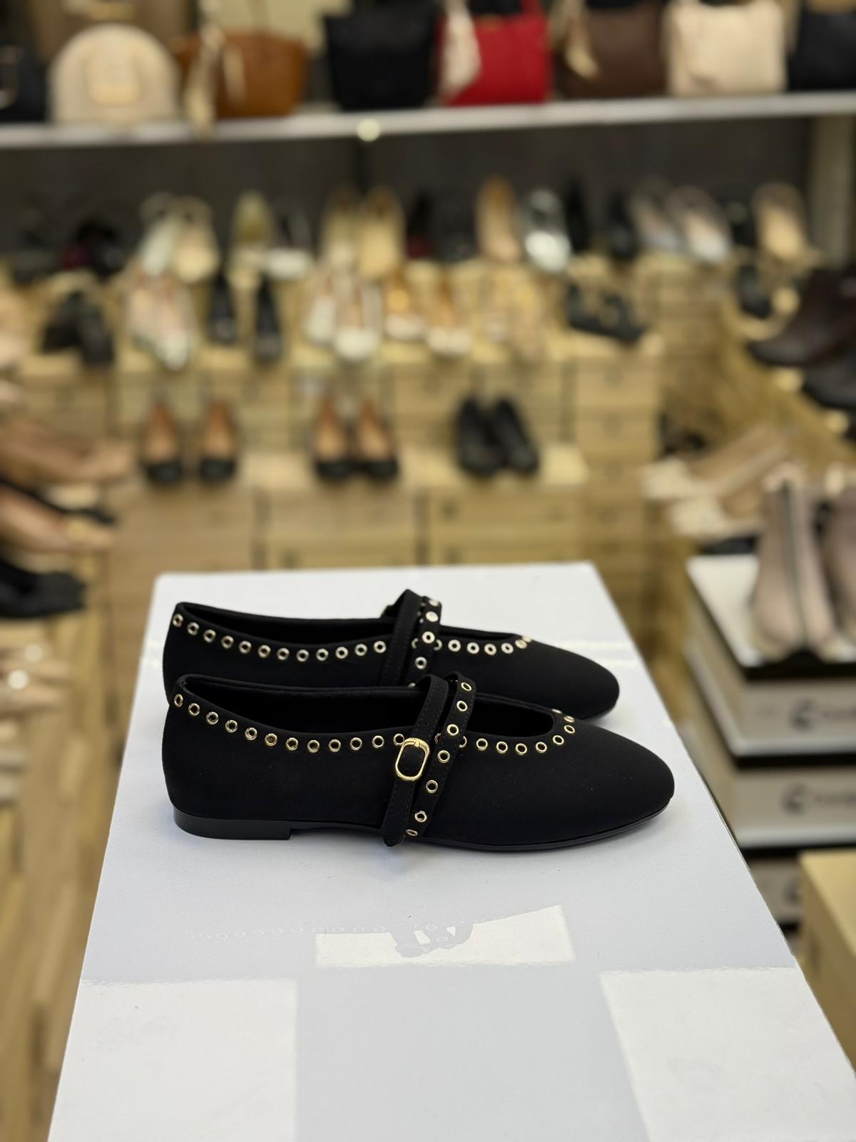 Çift Bantlı Taşlı Saten Babet Siyah