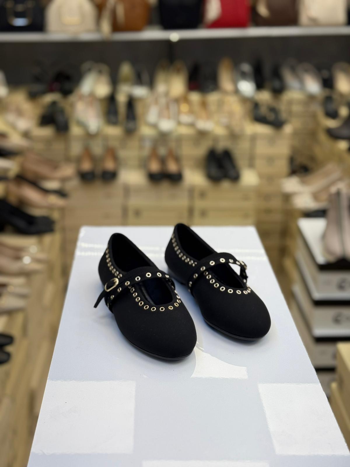 Çift Bantlı Taşlı Saten Babet Siyah