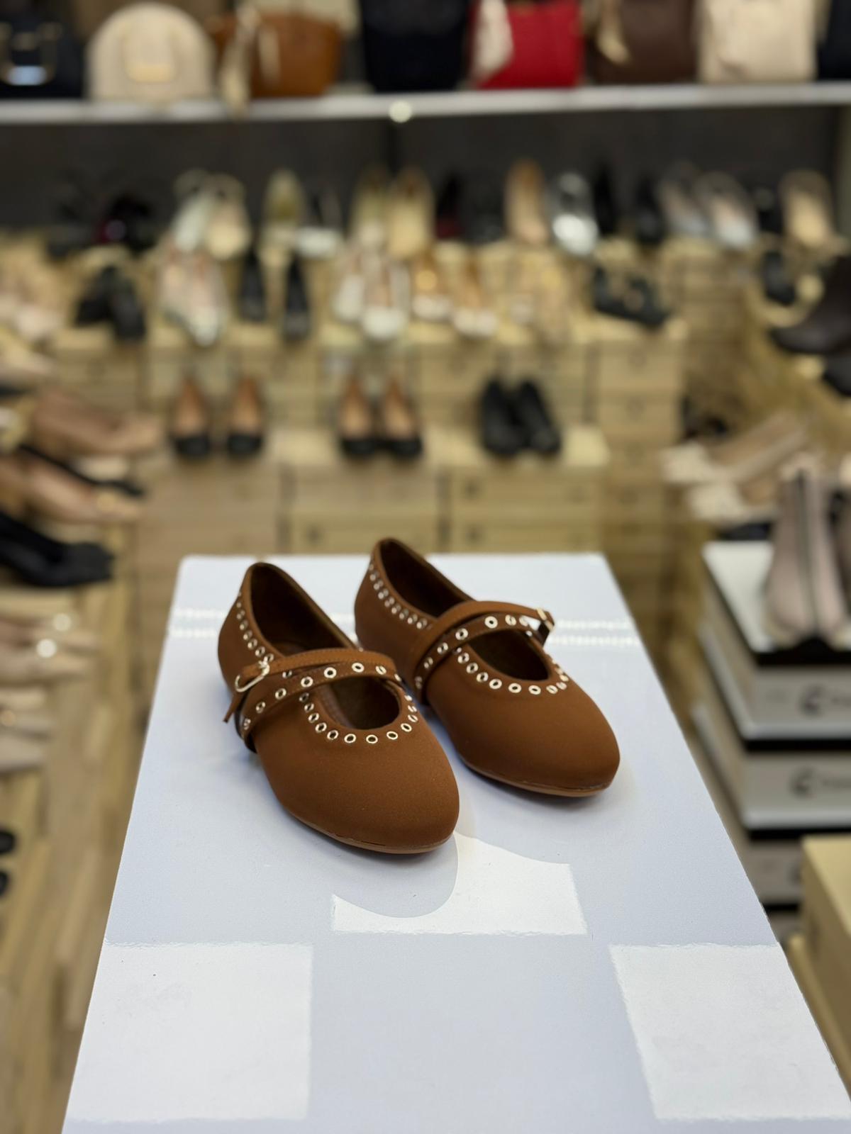 Çift Bantlı Taşlı Saten Babet Taba