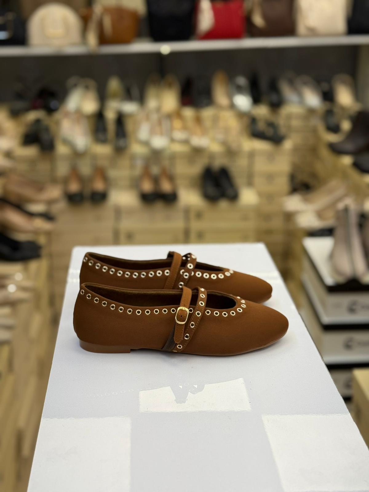 Çift Bantlı Taşlı Saten Babet Taba