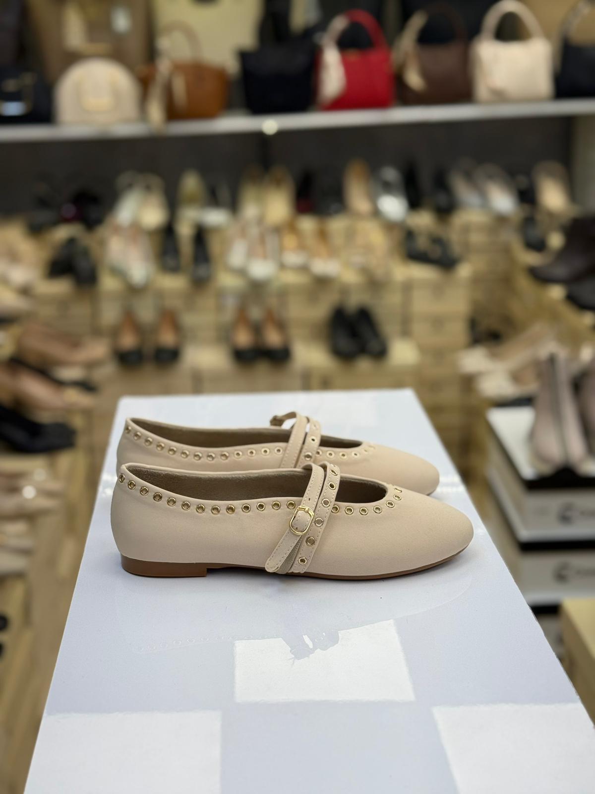 Çift Bantlı Taşlı Saten Babet Ten