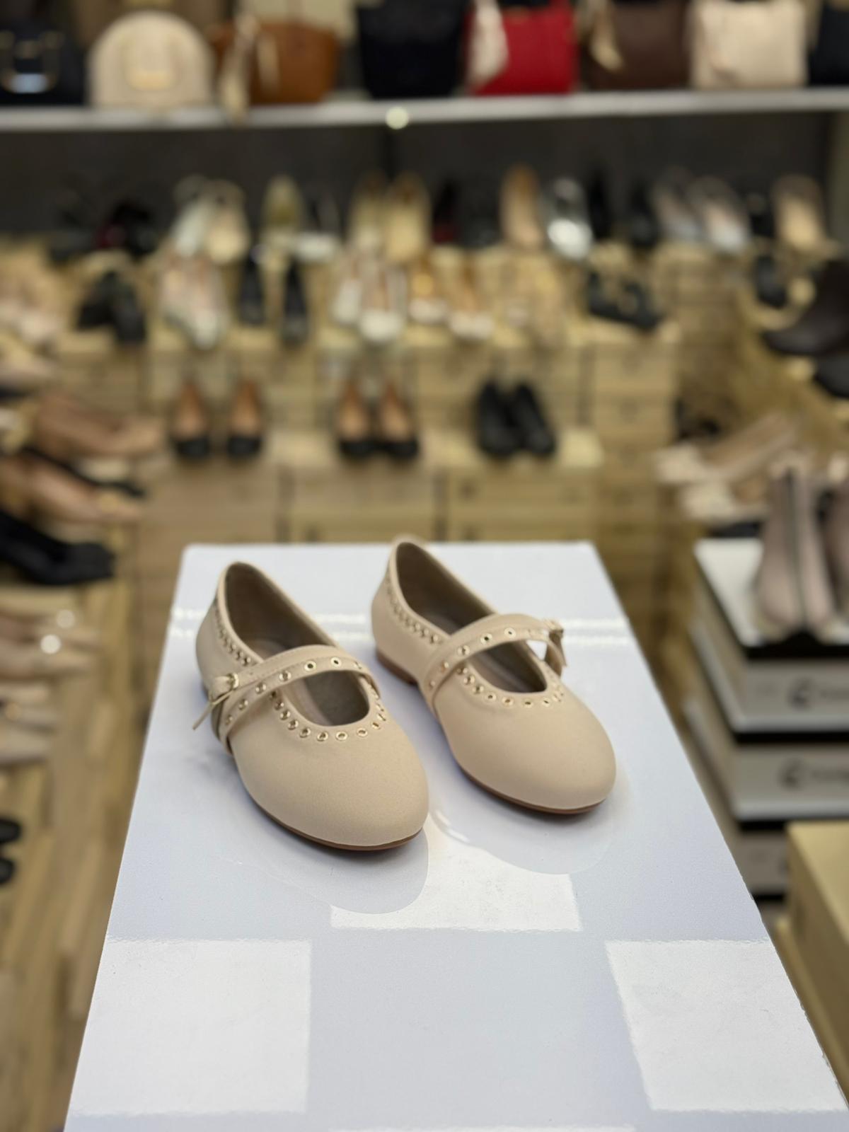 Çift Bantlı Taşlı Saten Babet Ten