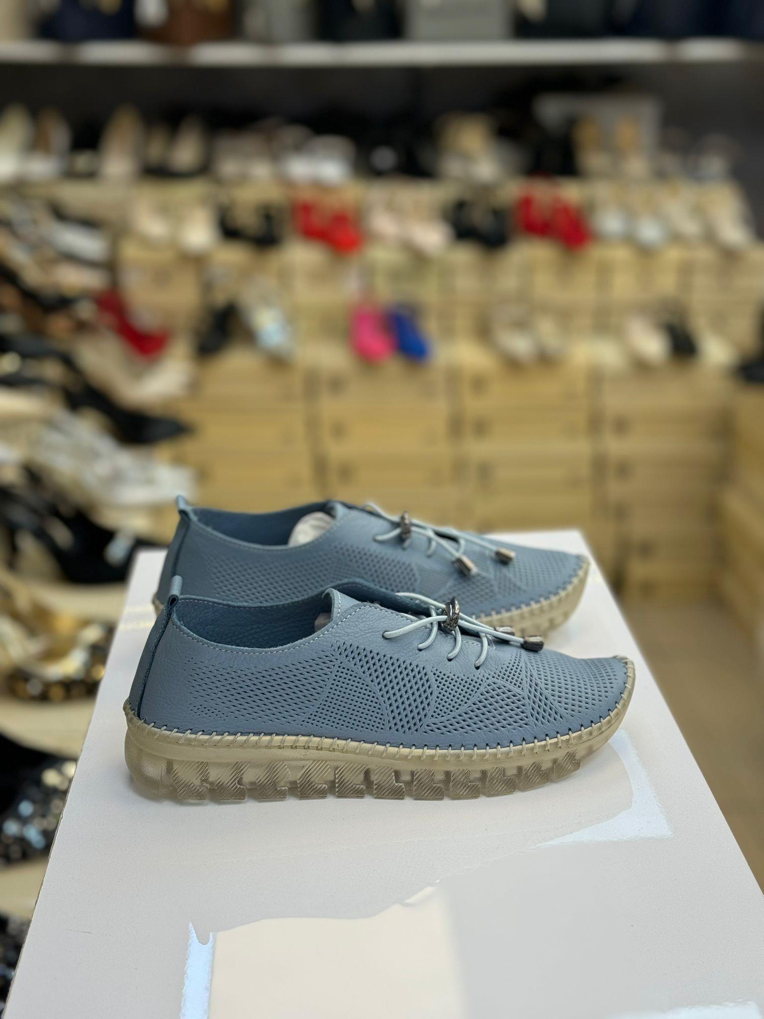 Hakiki Deri Mavi Lastik Bağcıklı Günlük Ayakkabı