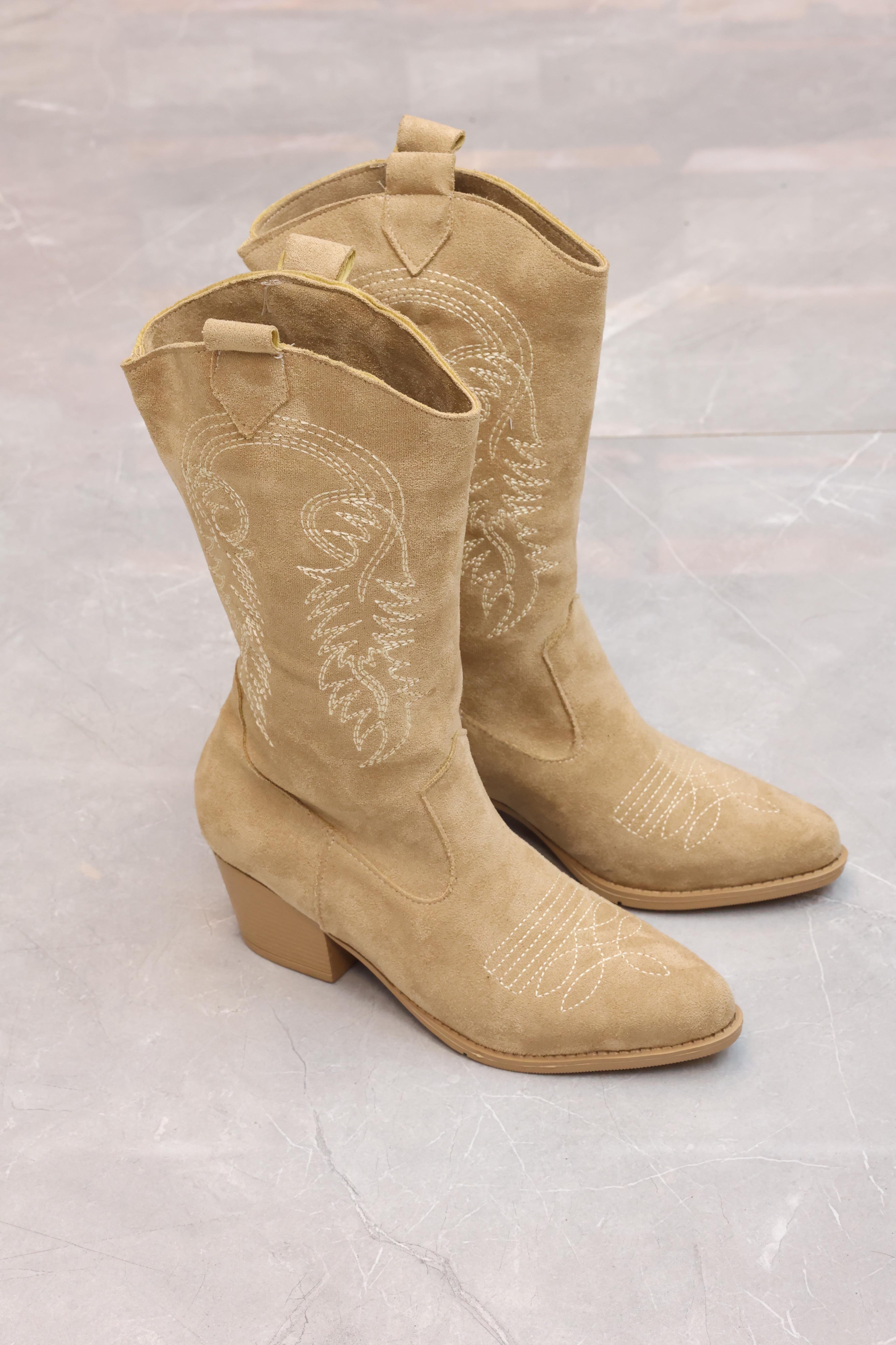 Kadın Topuklu Kovboy Çizmesi Ten Rengi