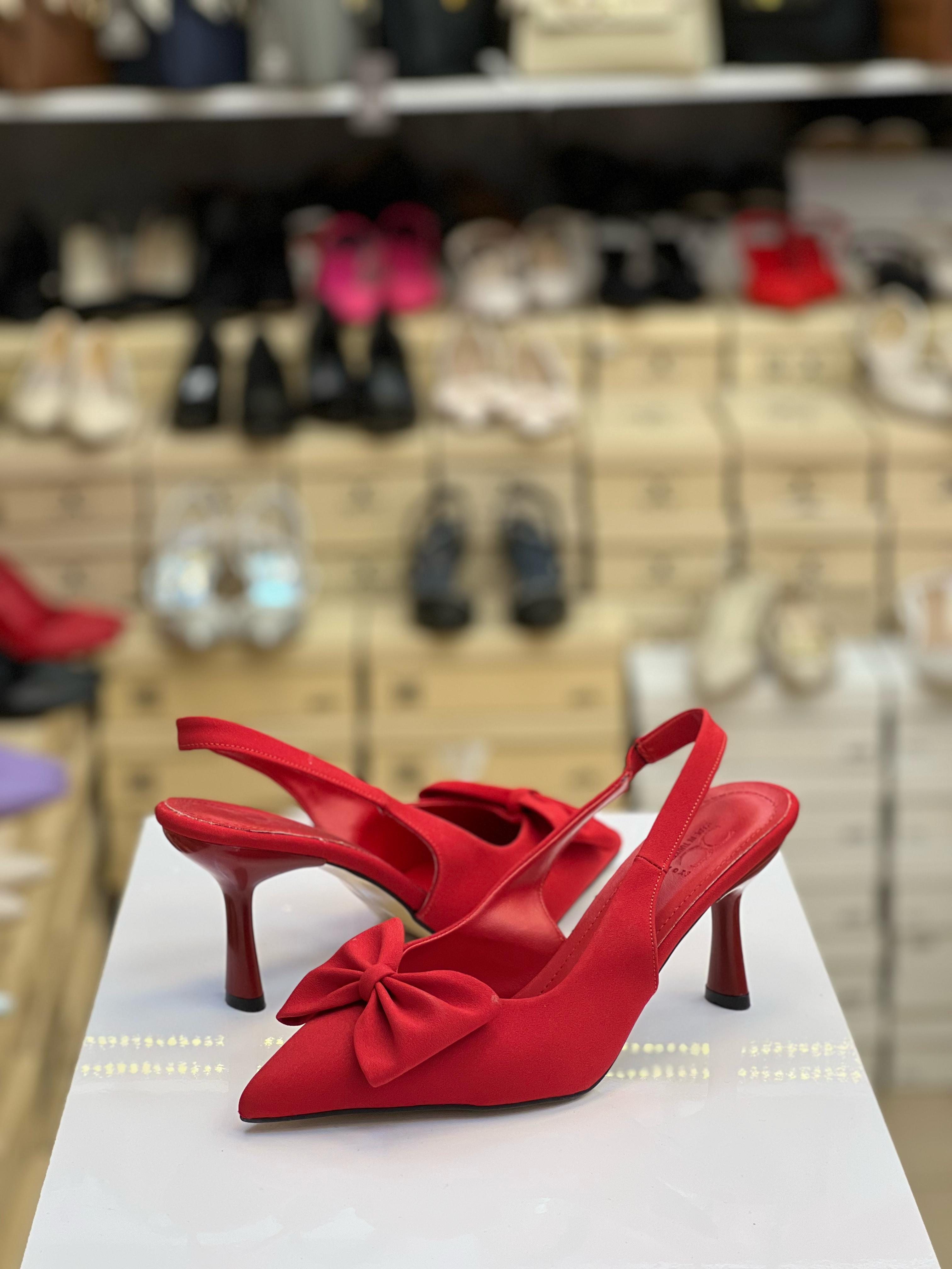 Kırmızı Fiyonklu Arkası Açık Rahat Stiletto