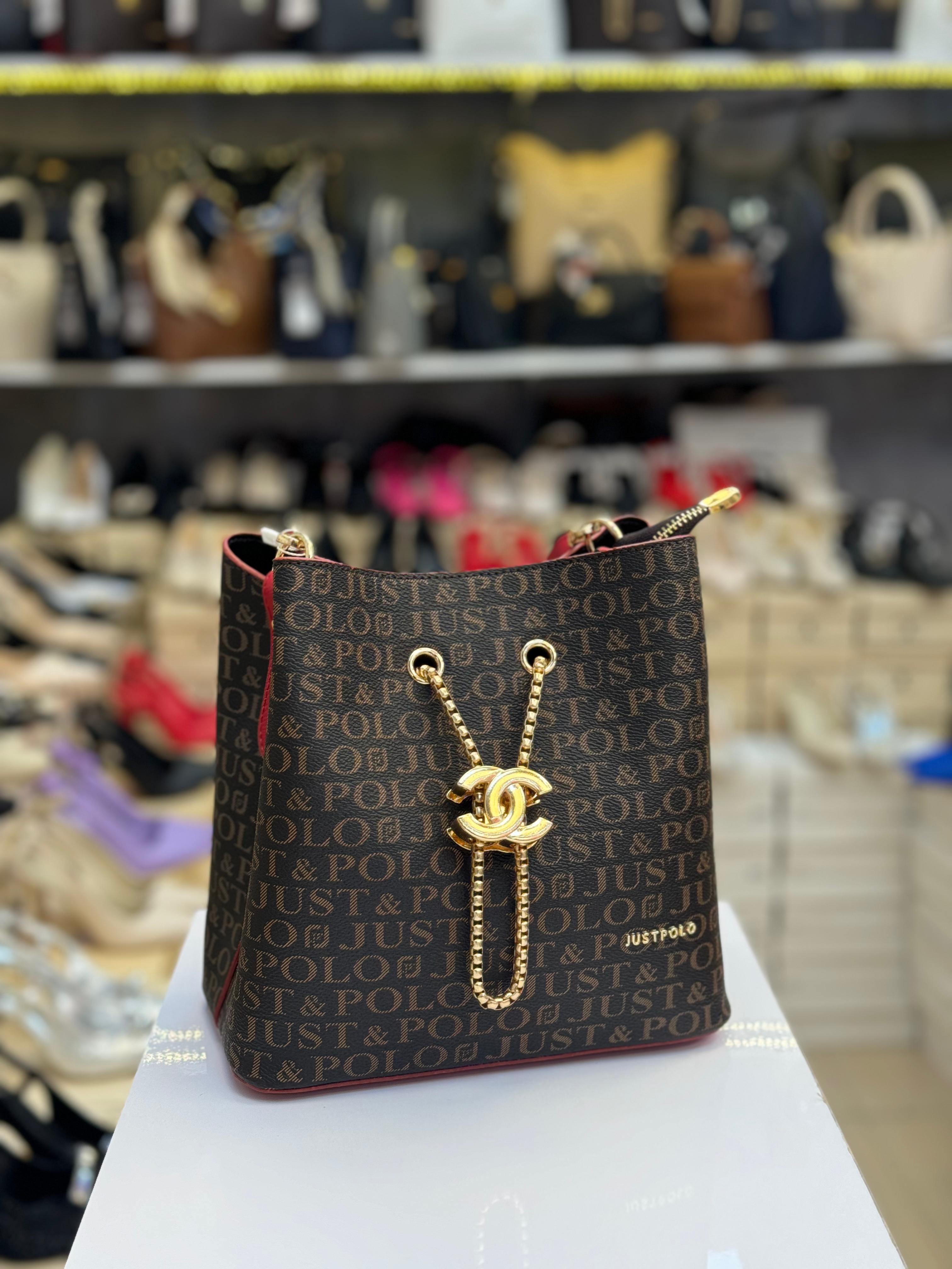 Monogram Baskılı Uzun Askılı 3 Bölmeli Kadın El ve Omuz Çantası Kahve/Kırmızı