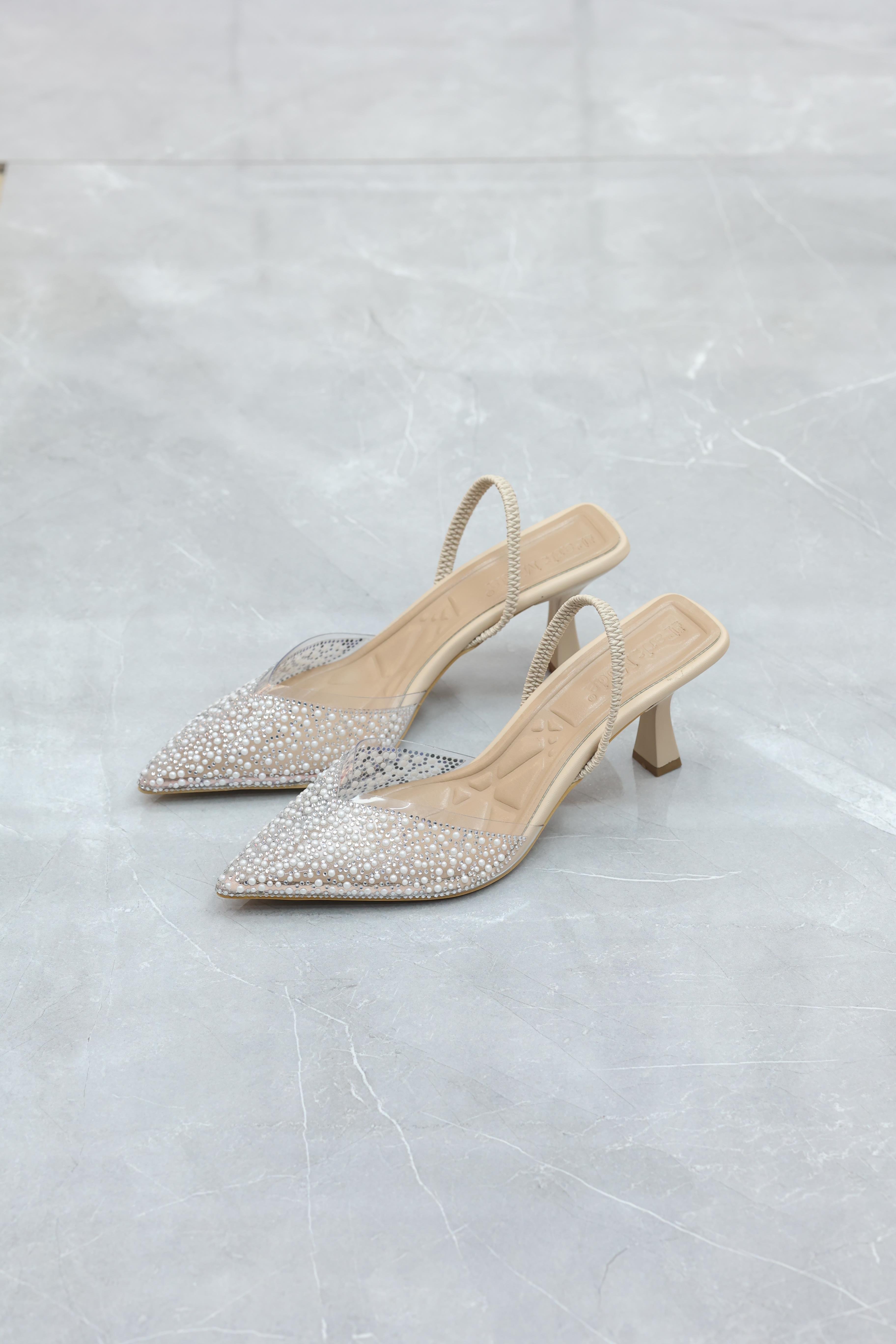 Şeffaf İncili Topuklu Kadın Ayakkabı