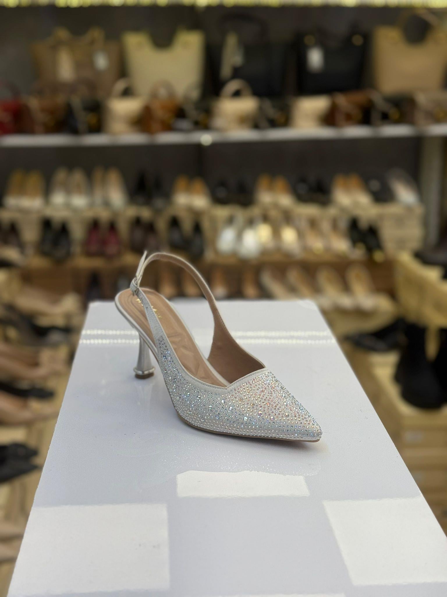 Taşlı Gümüş Arkası Açık Stiletto