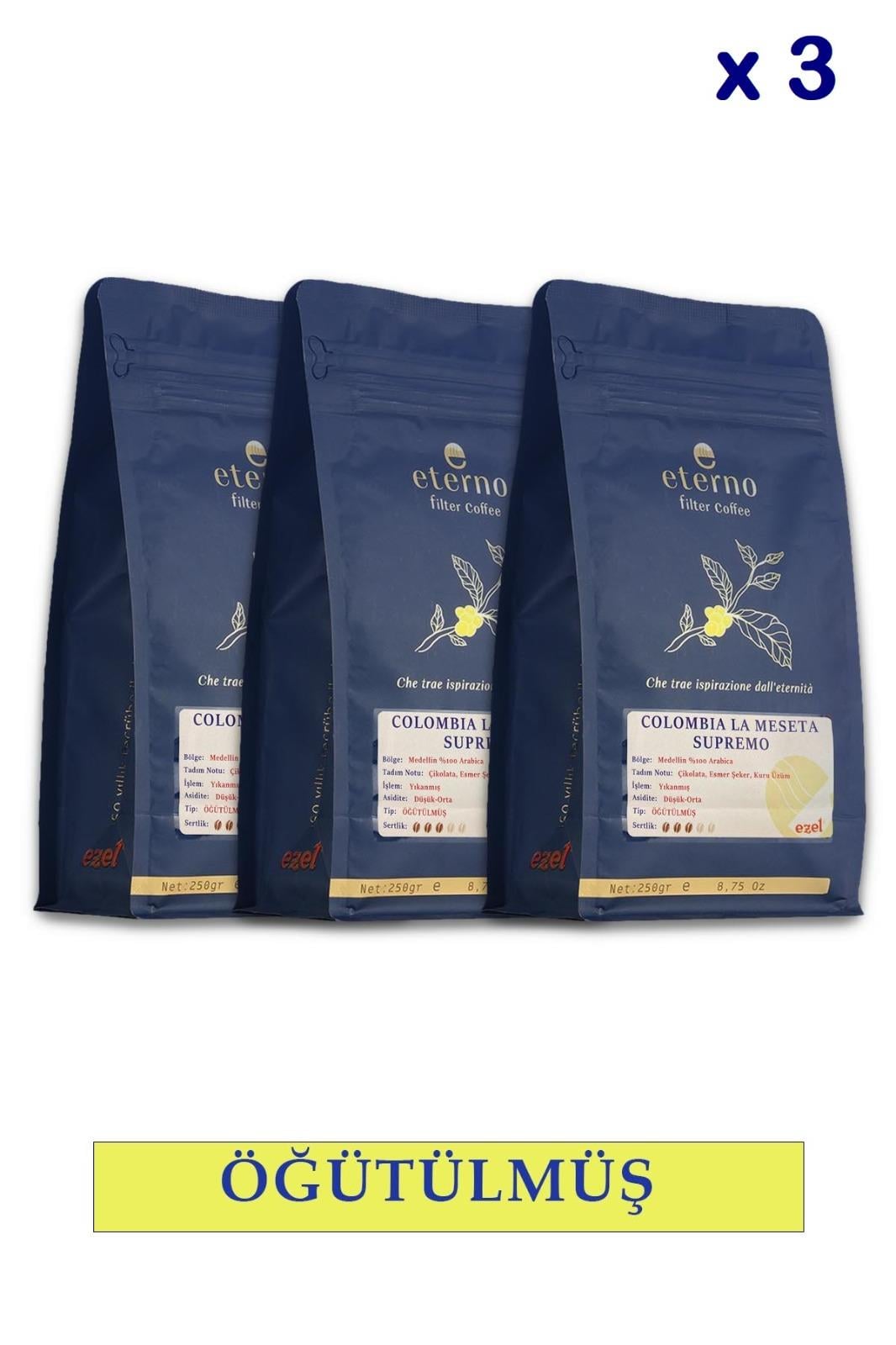 Eterno Colombia La Meseta Supremo Öğütülmüş Üçlü Filtre Kahve Seti – 3 x 250gr