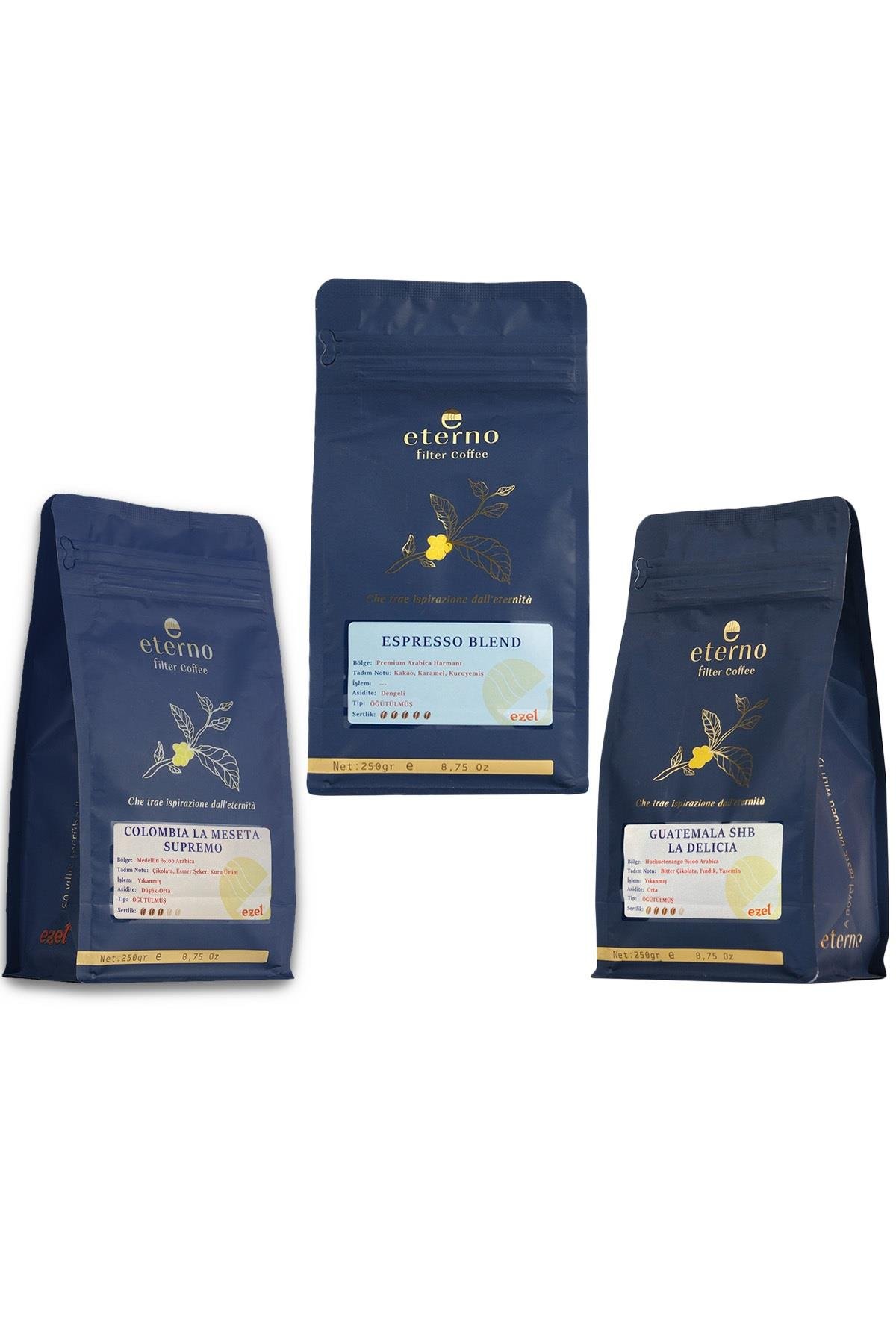 Eterno Öğütülmüş Üçlü Filtre Kahve Seti – 3 x 250gr