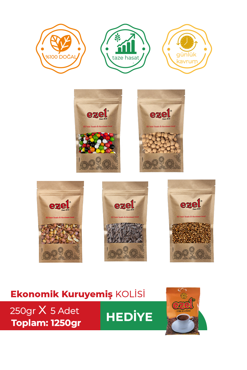 Ezel Ekonomik Kuruyemiş Kolisi 2 – 5'li Lezzet Seti + 100 g Türk Kahvesi