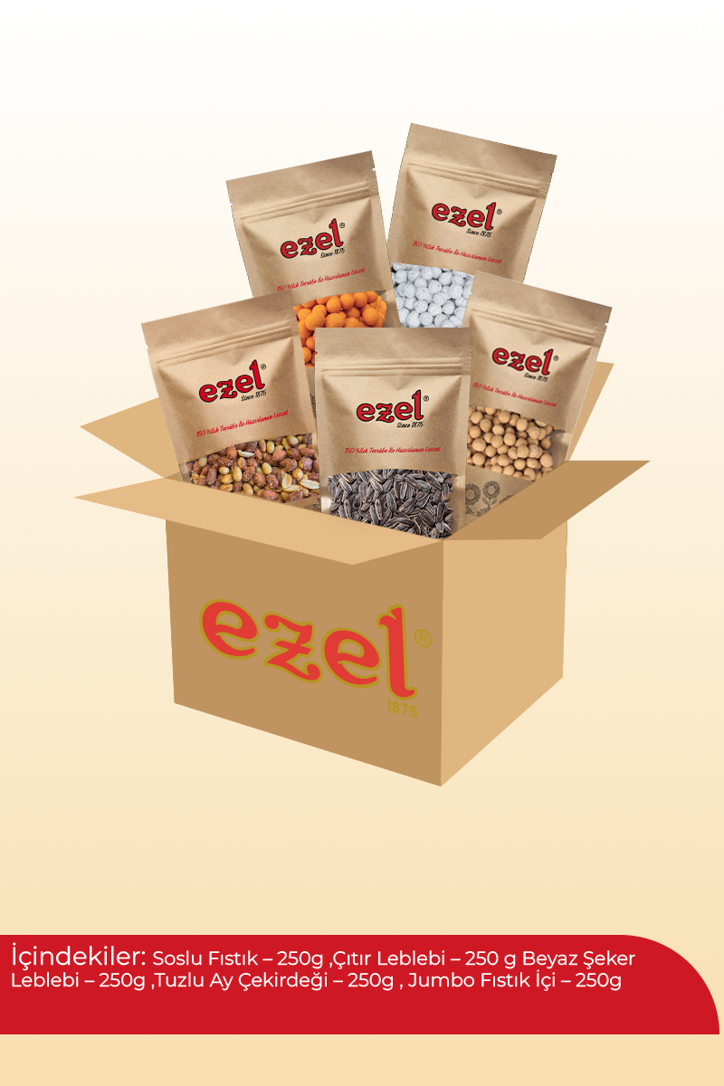 Ezel Kuruyemiş Şeker Kolisi – 5'li Atıştırmalık Set + 100 g Türk Kahvesi 