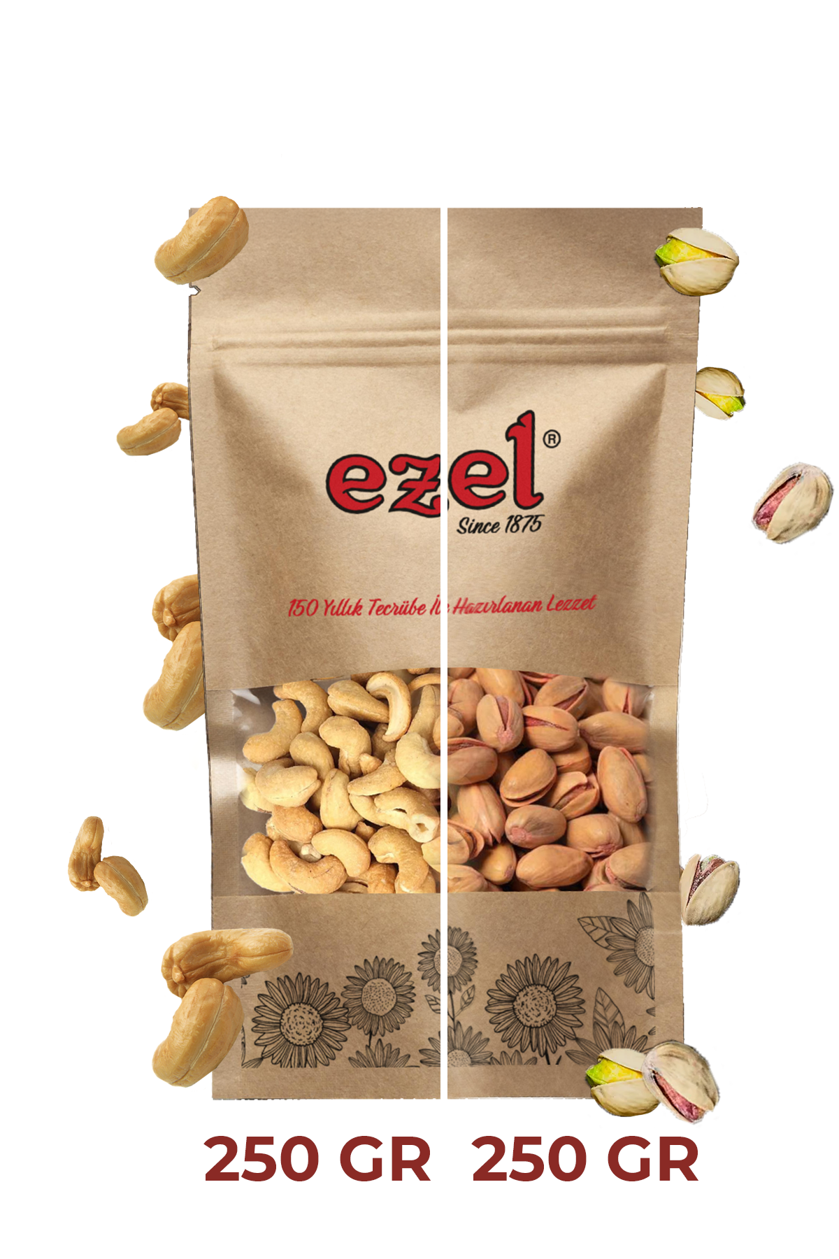 Ezel Kuruyemişleri Siirt Antep Fıstığı -Tuzlu Kavrulmuş Kaju Seti 250gr &Taze Paketlenmiş