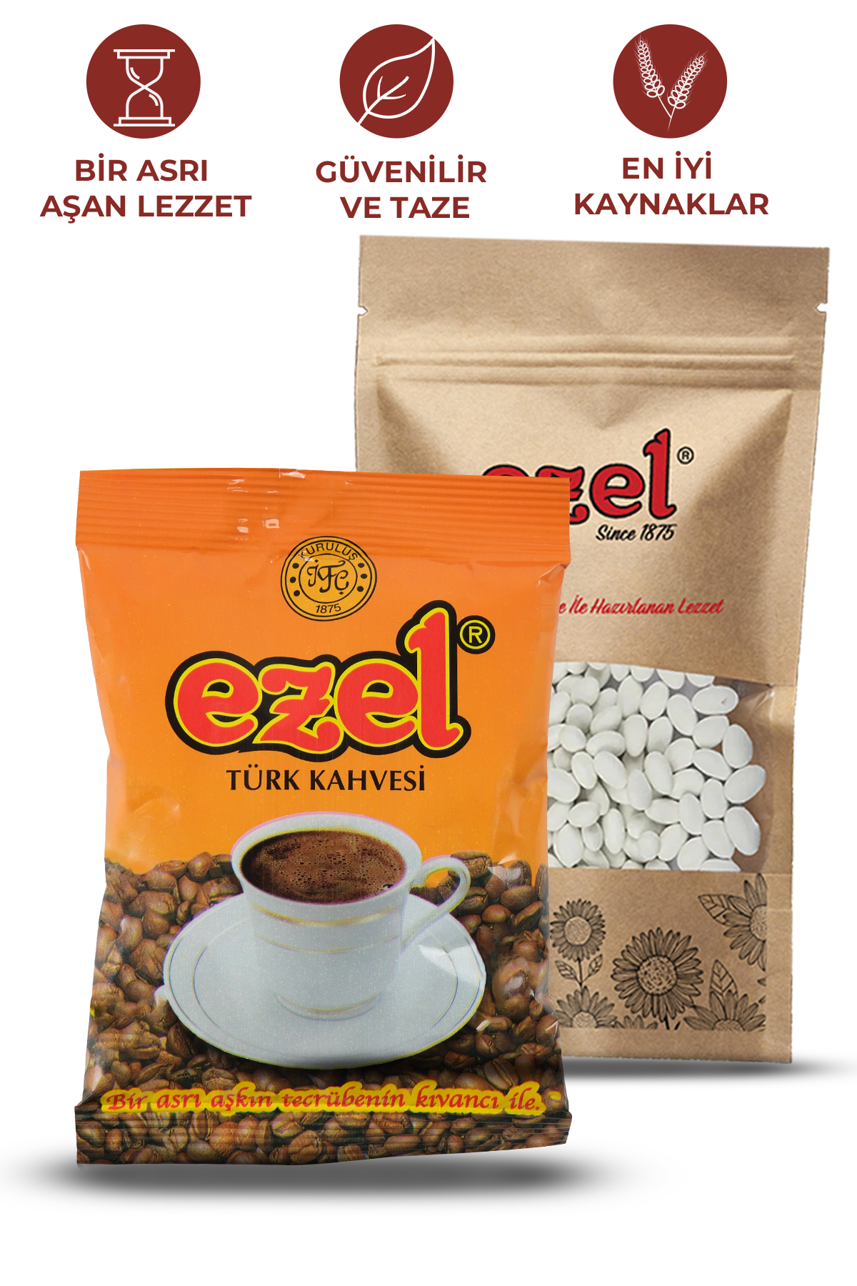 Ezel Türk Kahvesi Orta Kavrulmuş 100gr ve Çekirdek Şekeri 250gr Taze Paketlenmiş
