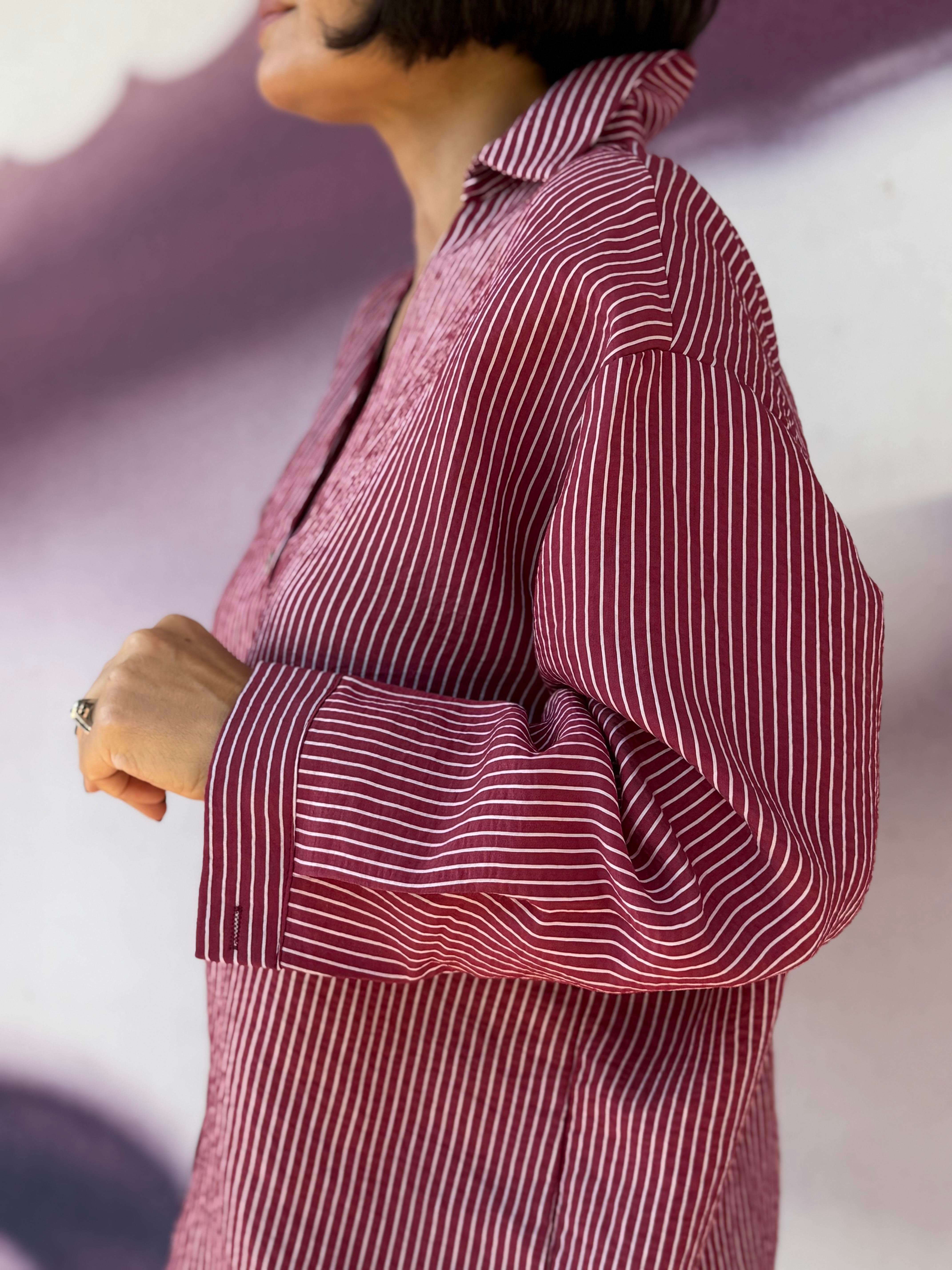 Oversize Gömlek Çizgili Bordo
