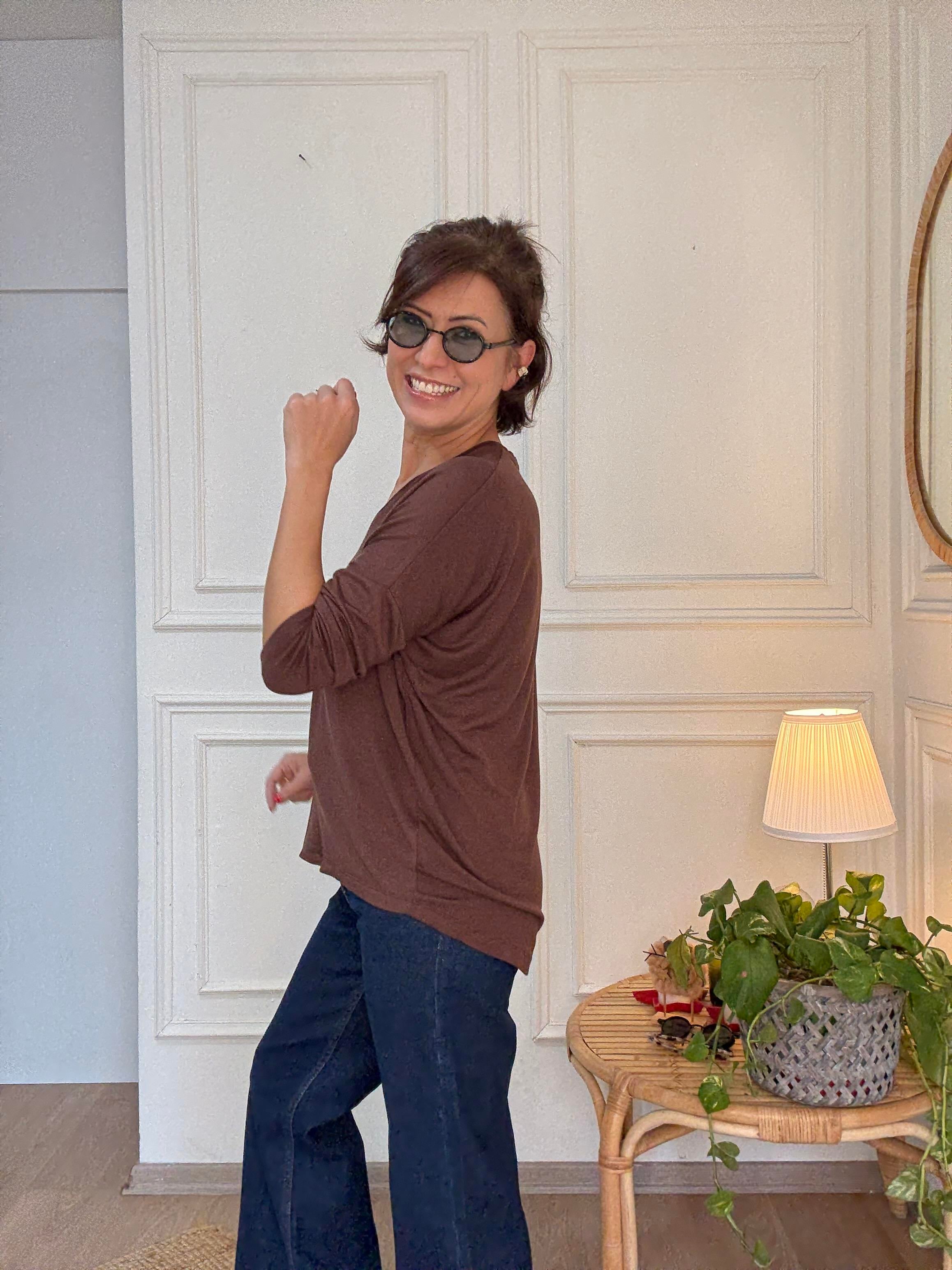  V Yaka Salaş Model Bluz Kahverengi
