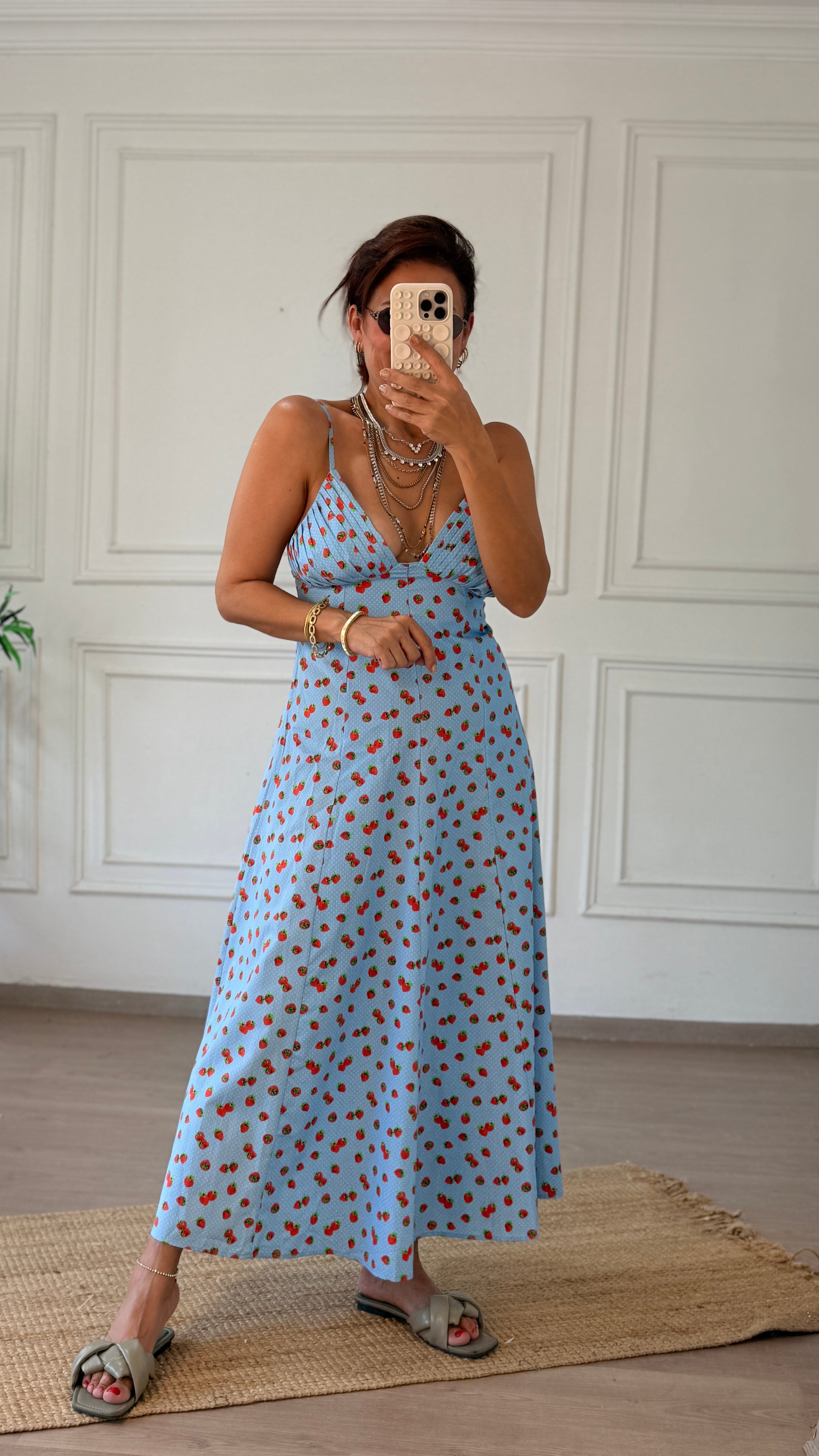 Askılı Çilek Desenli Poplin Elbise Mavi 