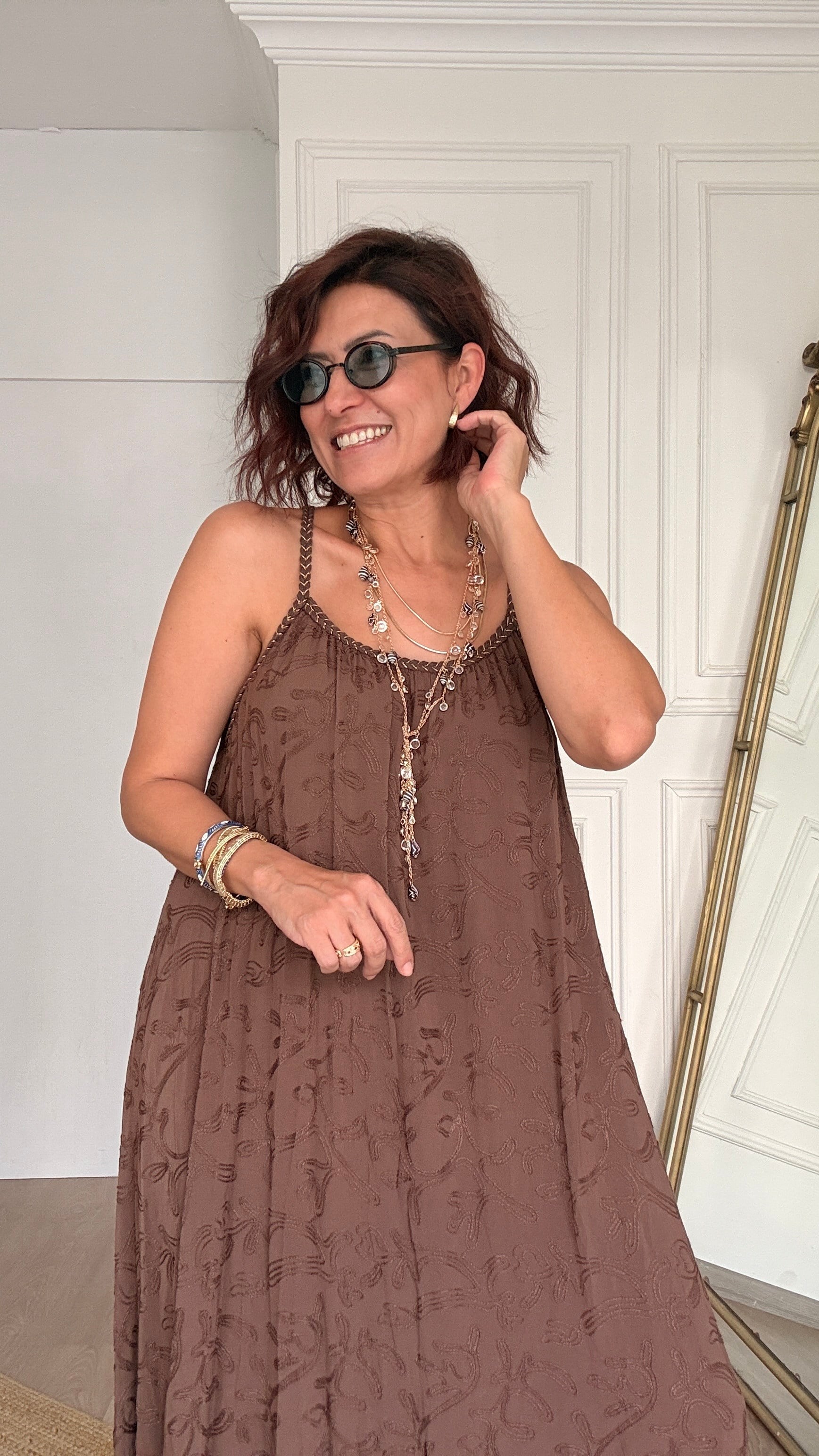 Askılı Nakış İşleme Uzun Elbise Kahverengi