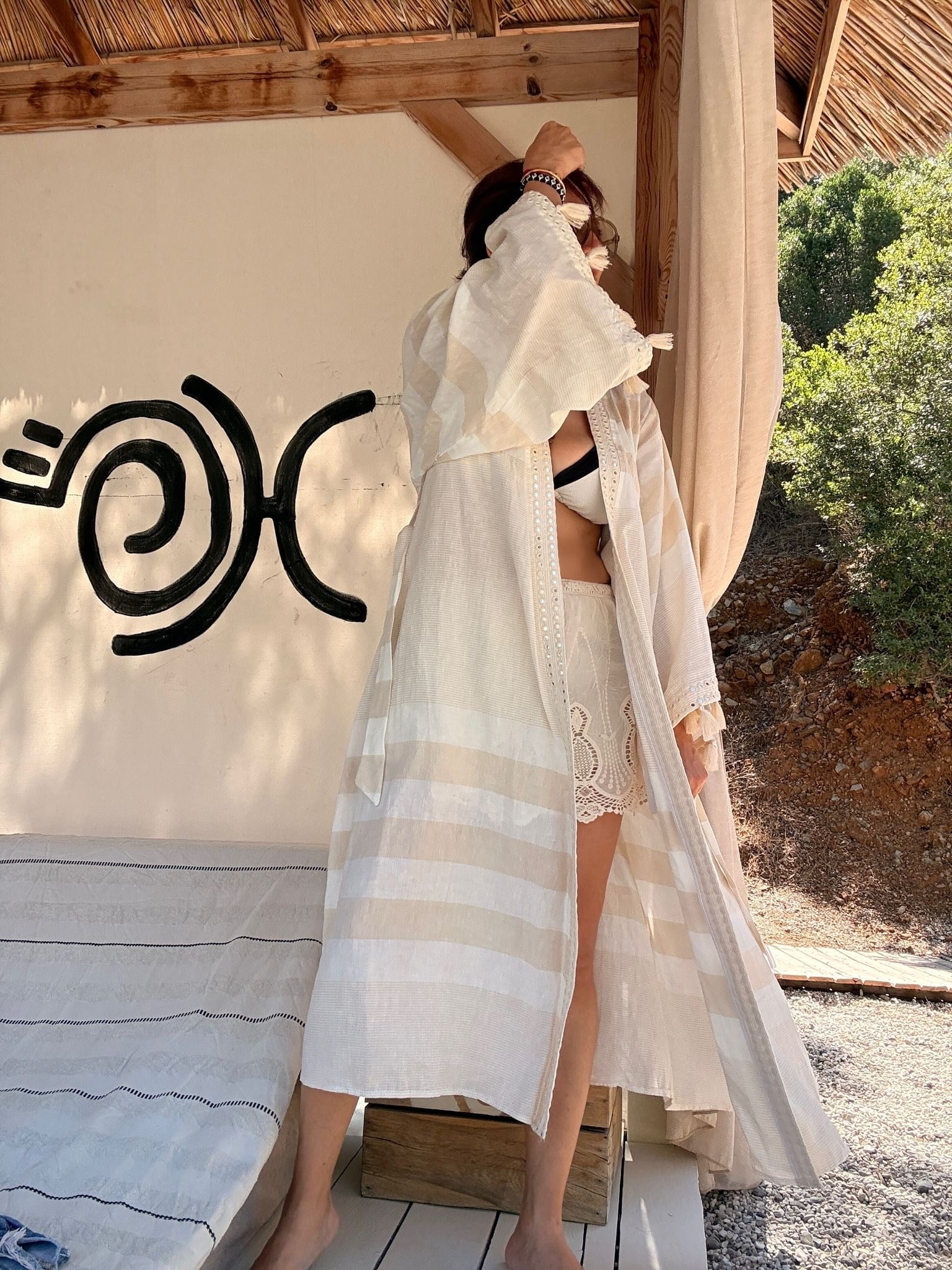 Aynalı Çizgili Keten Kimono