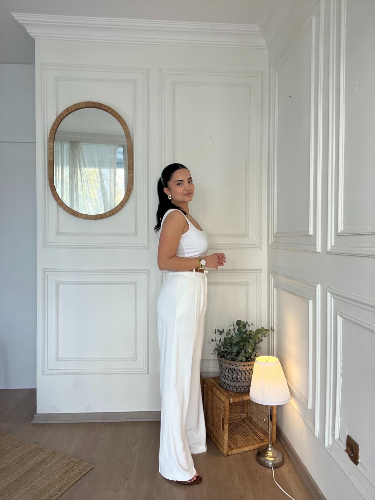 Beli Lastikli Palazzo Pantolon Beyaz