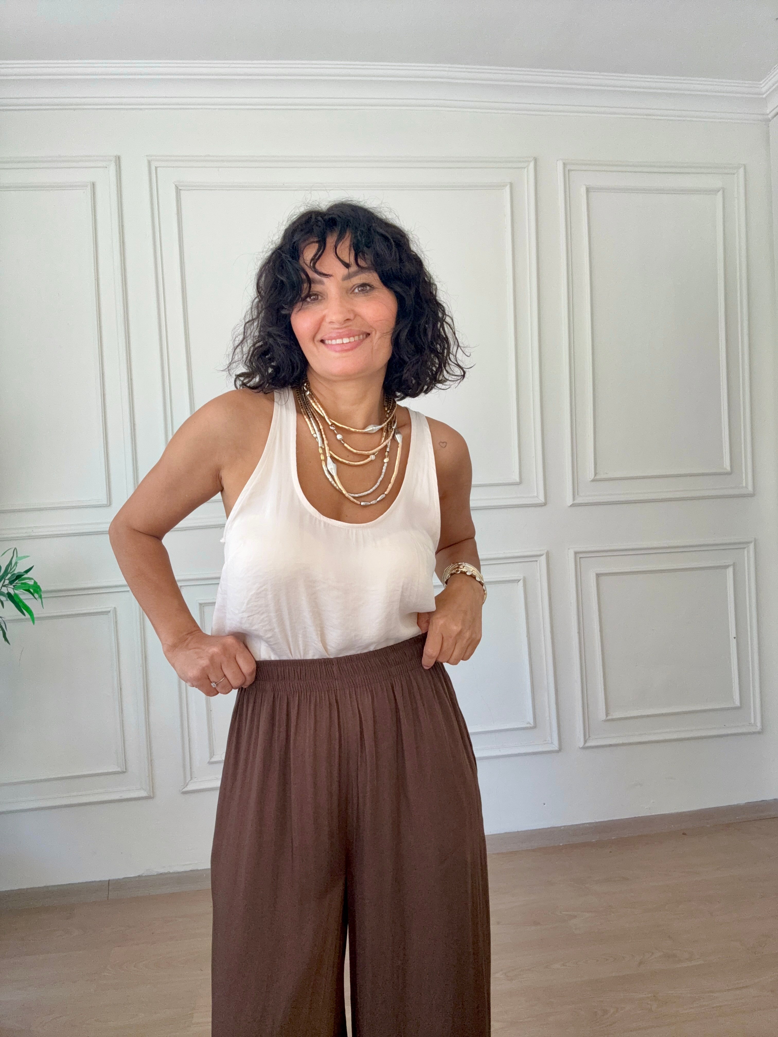 Beli Lastikli Salaş Saten Pantolon Kahverengi