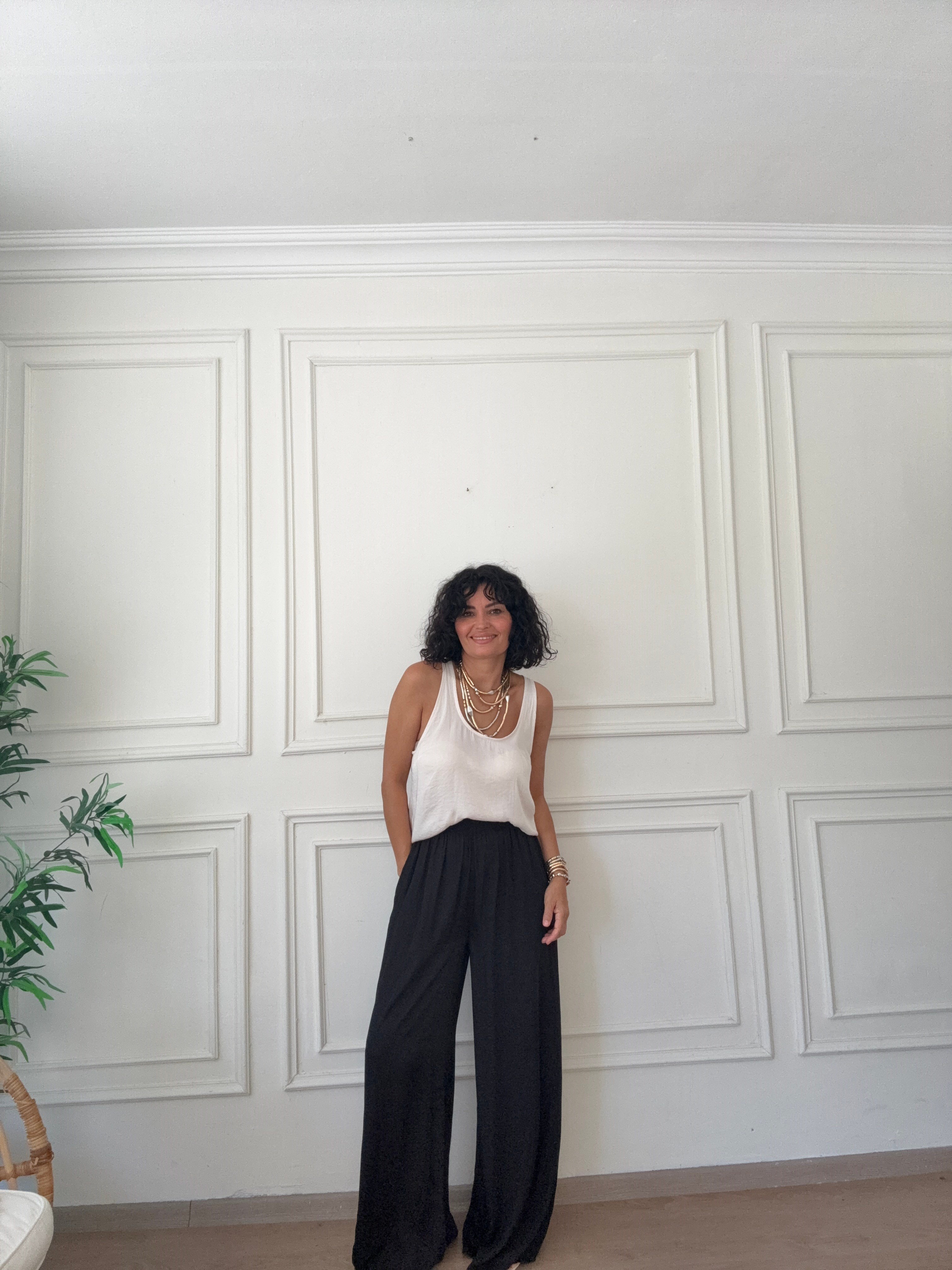 Beli Lastikli Salaş Saten Pantolon Siyah