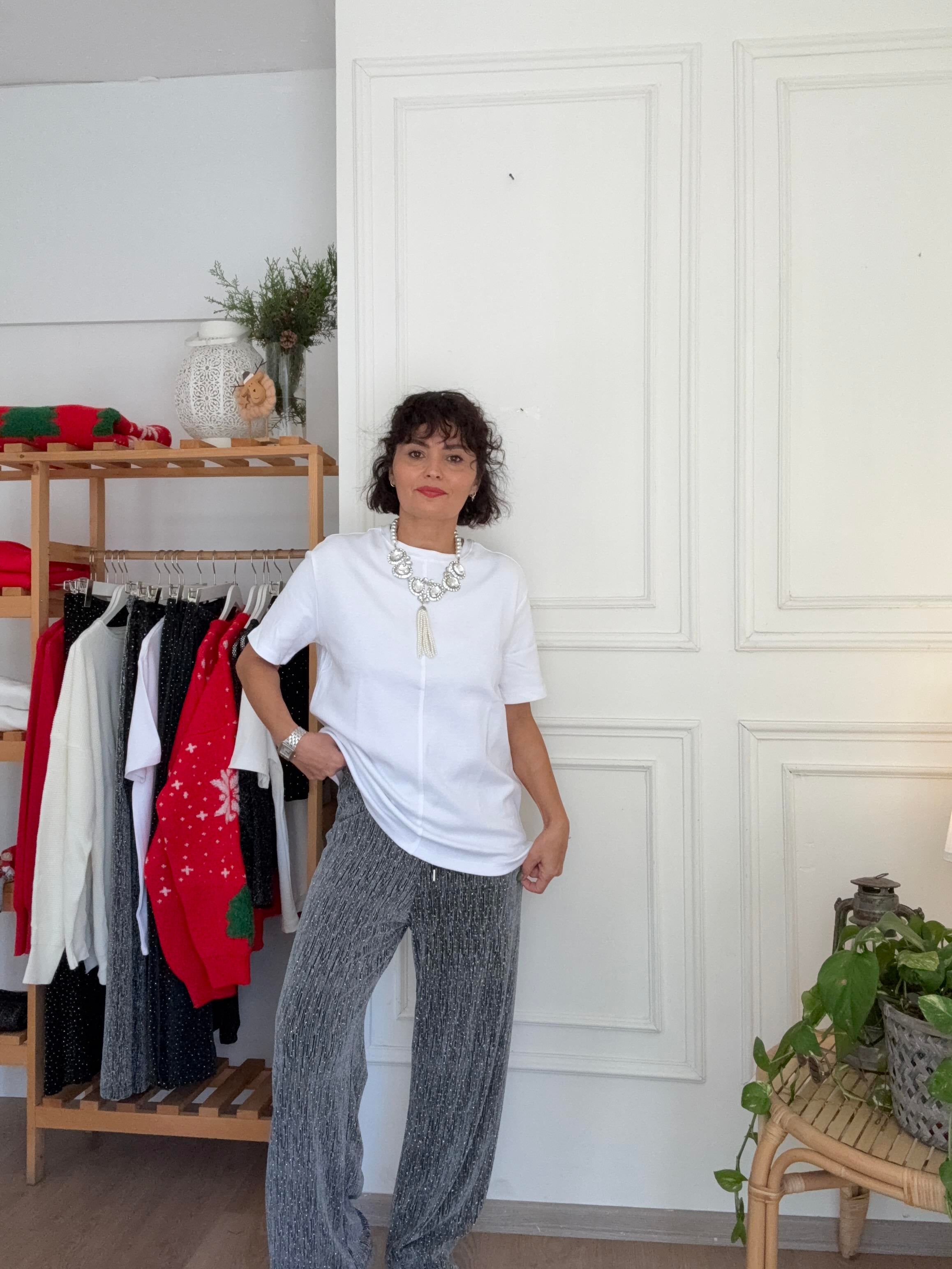 Beli Lastikli Taşlı Pantolon Gümüş