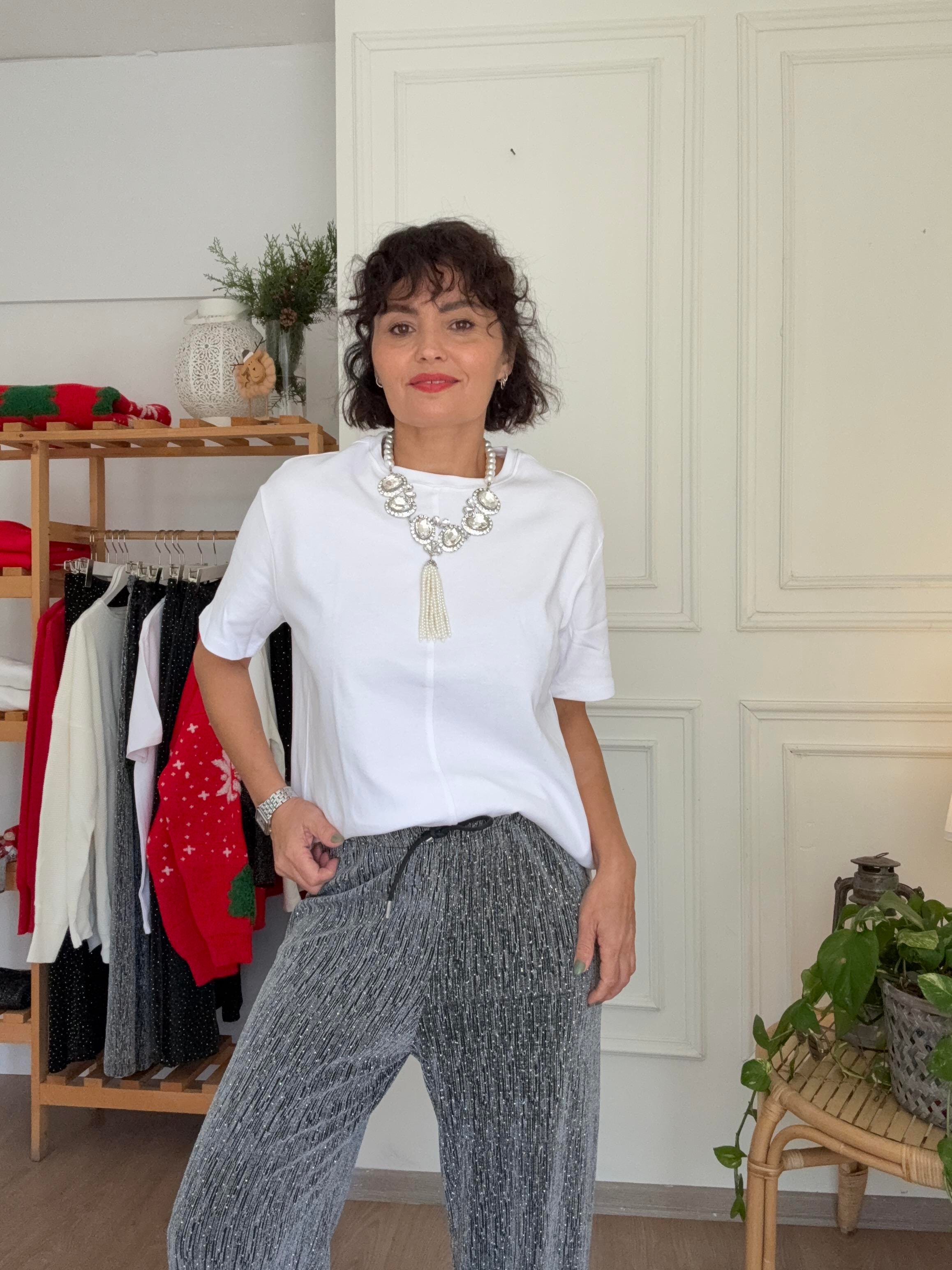 Beli Lastikli Taşlı Pantolon Gümüş