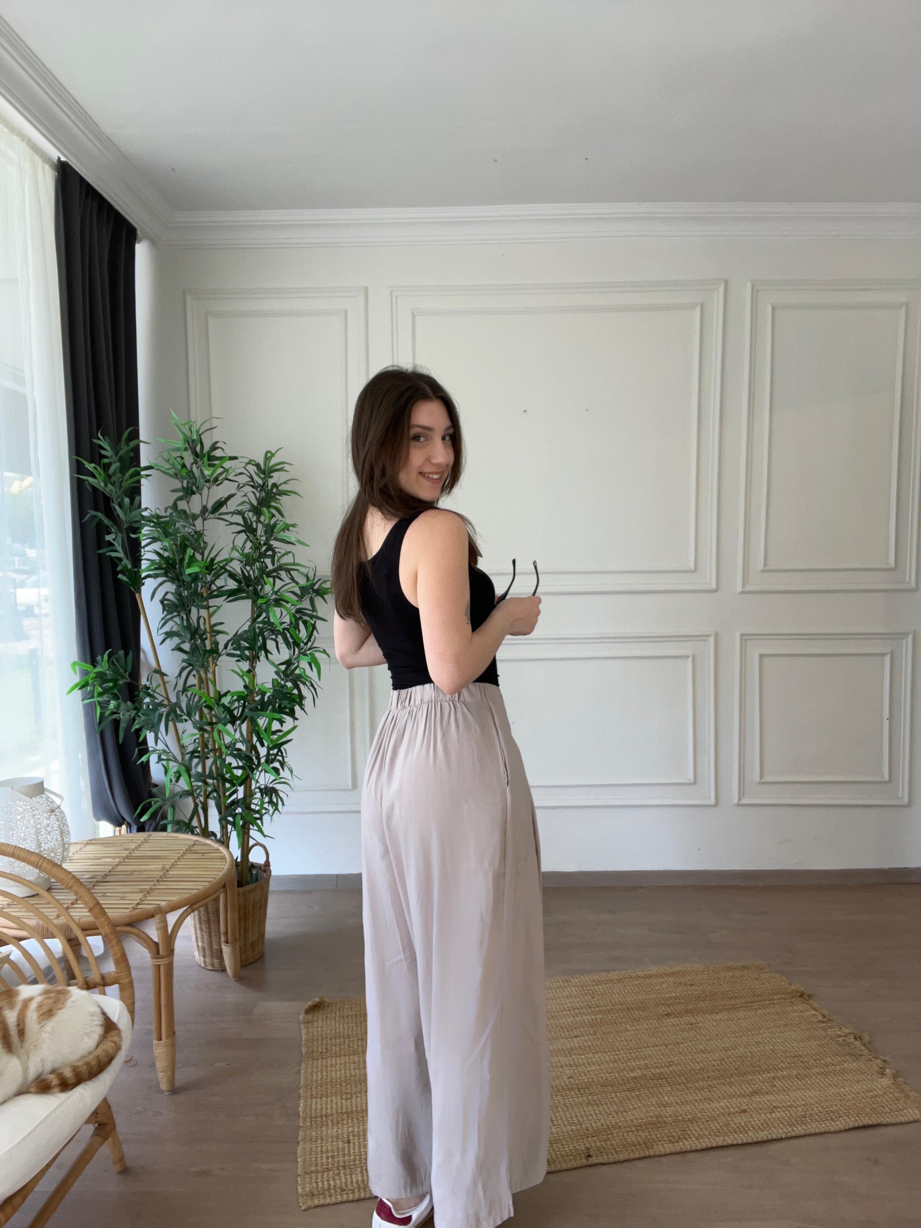 Beli Lastikli Tencel Pantolon Bej