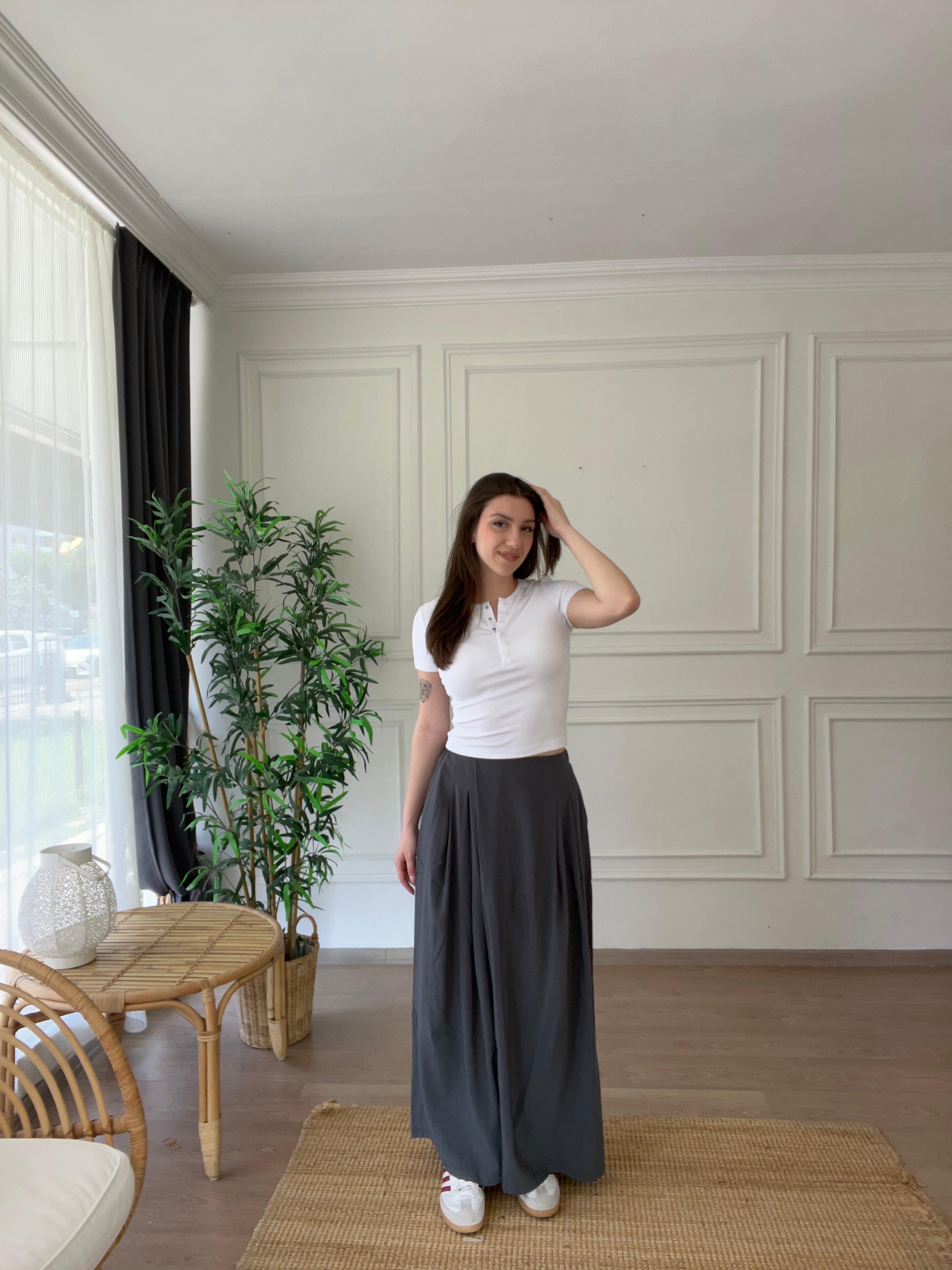 Beli Lastikli Tencel Pantolon Gri