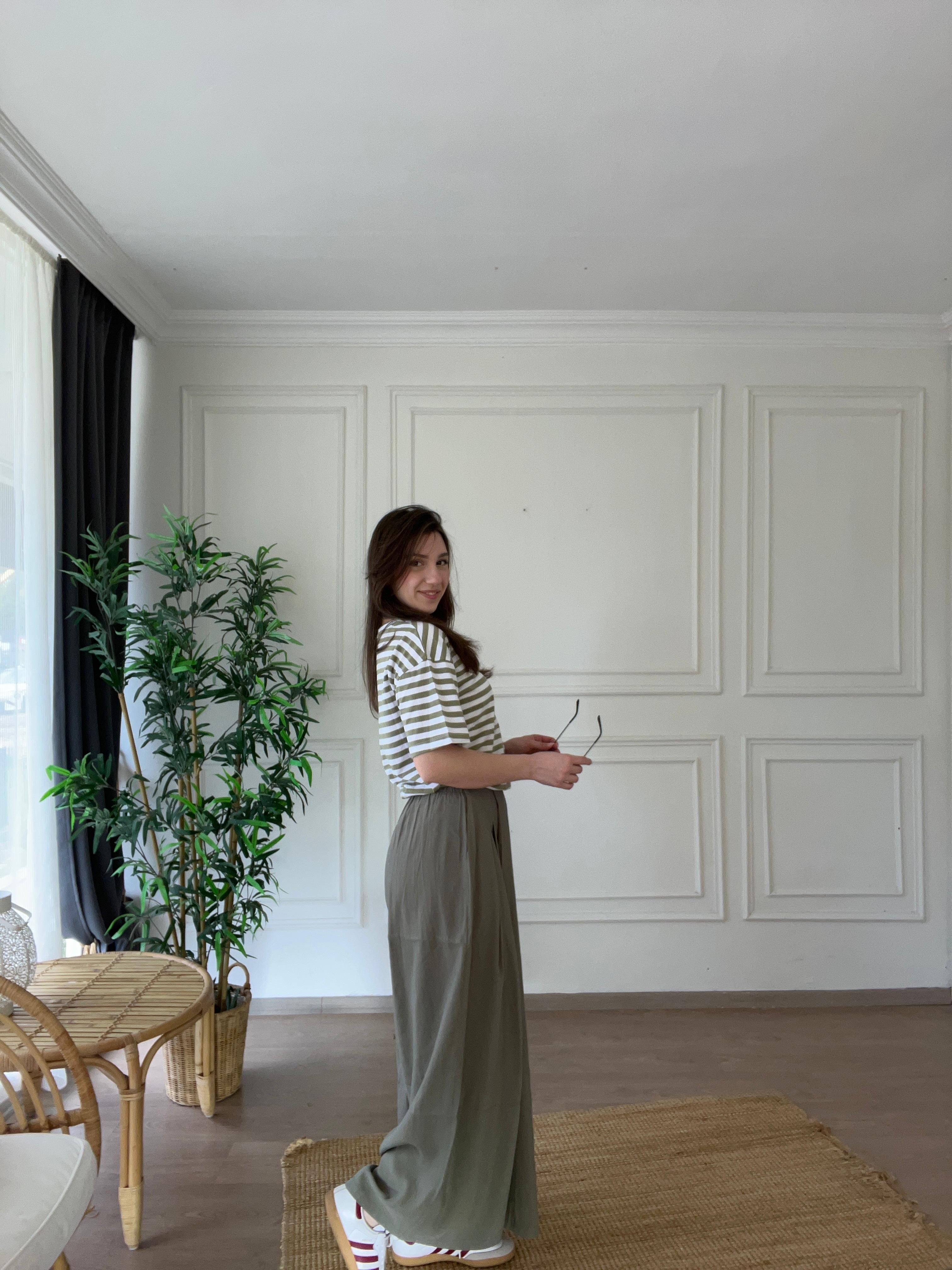 Beli Lastikli Tencel Pantolon Haki