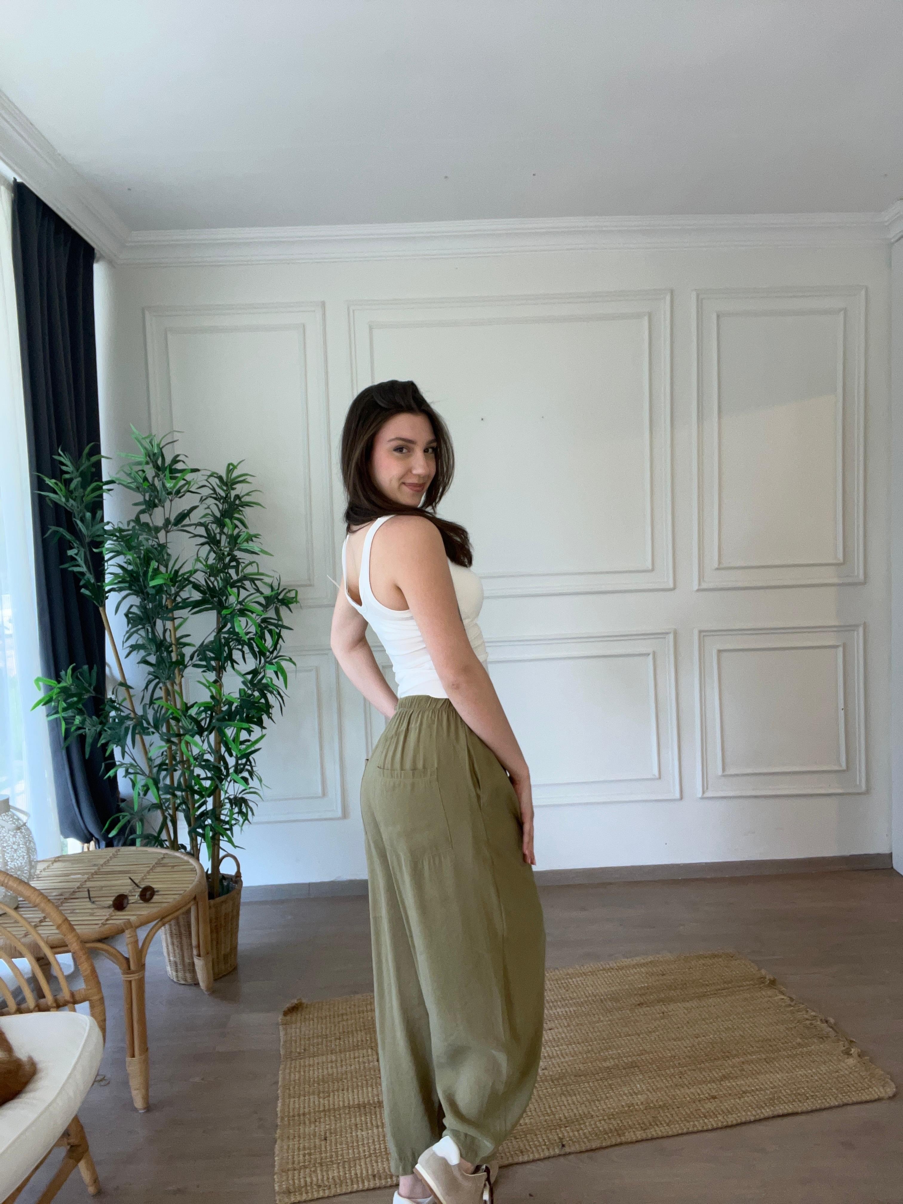 Beli Lastikli Tencel Pantolon Haki