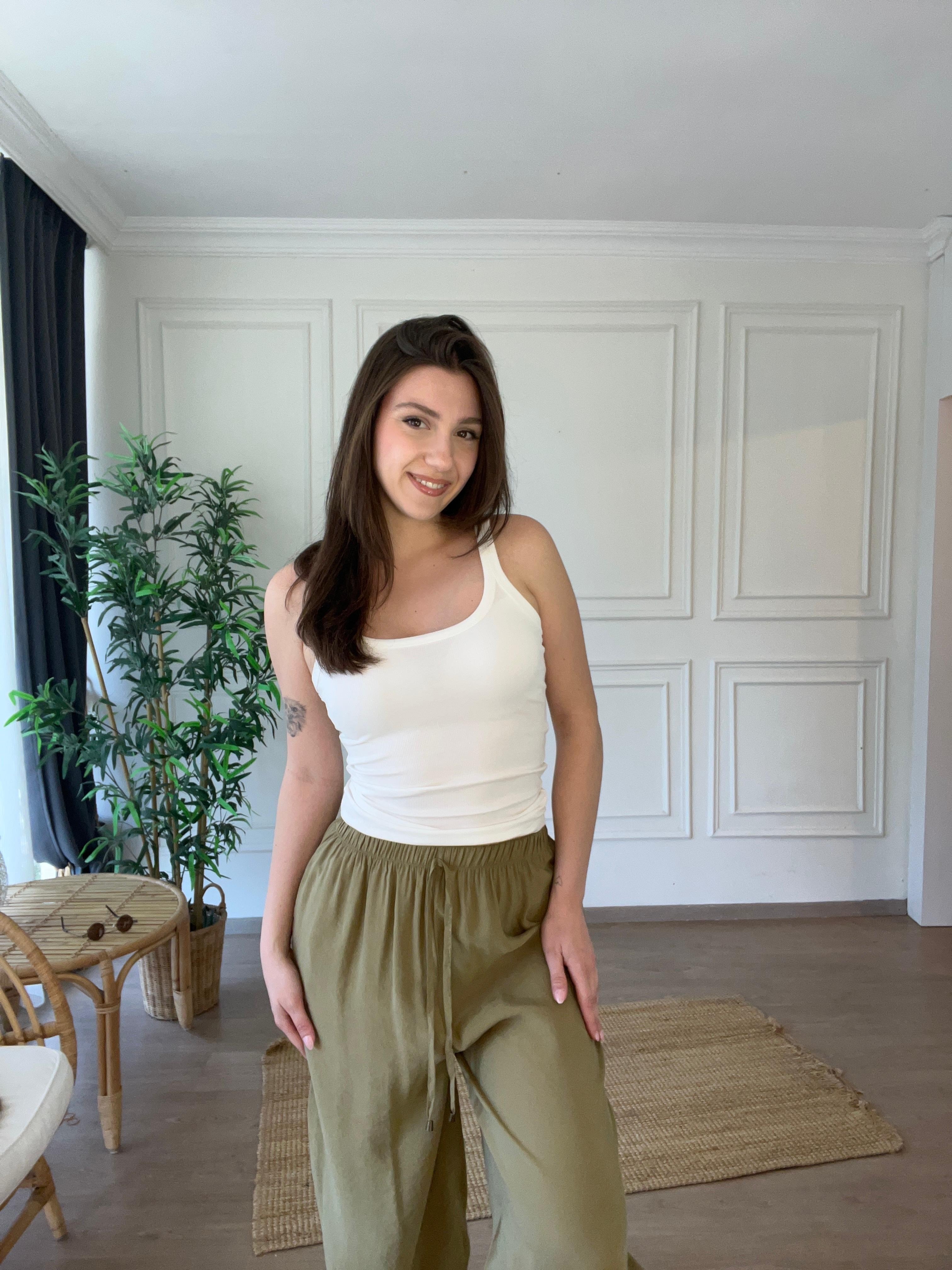 Beli Lastikli Tencel Pantolon Haki