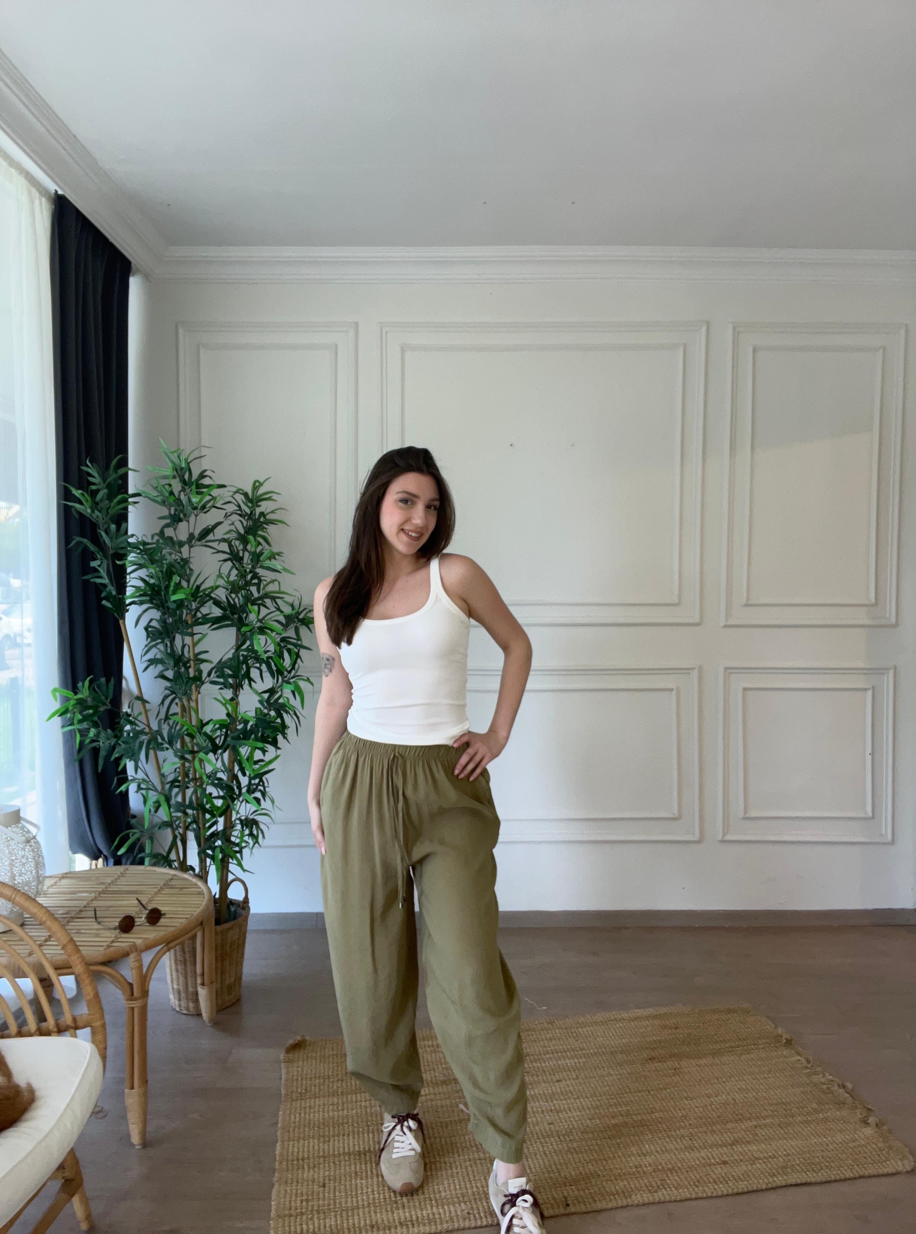 Beli Lastikli Tencel Pantolon Haki