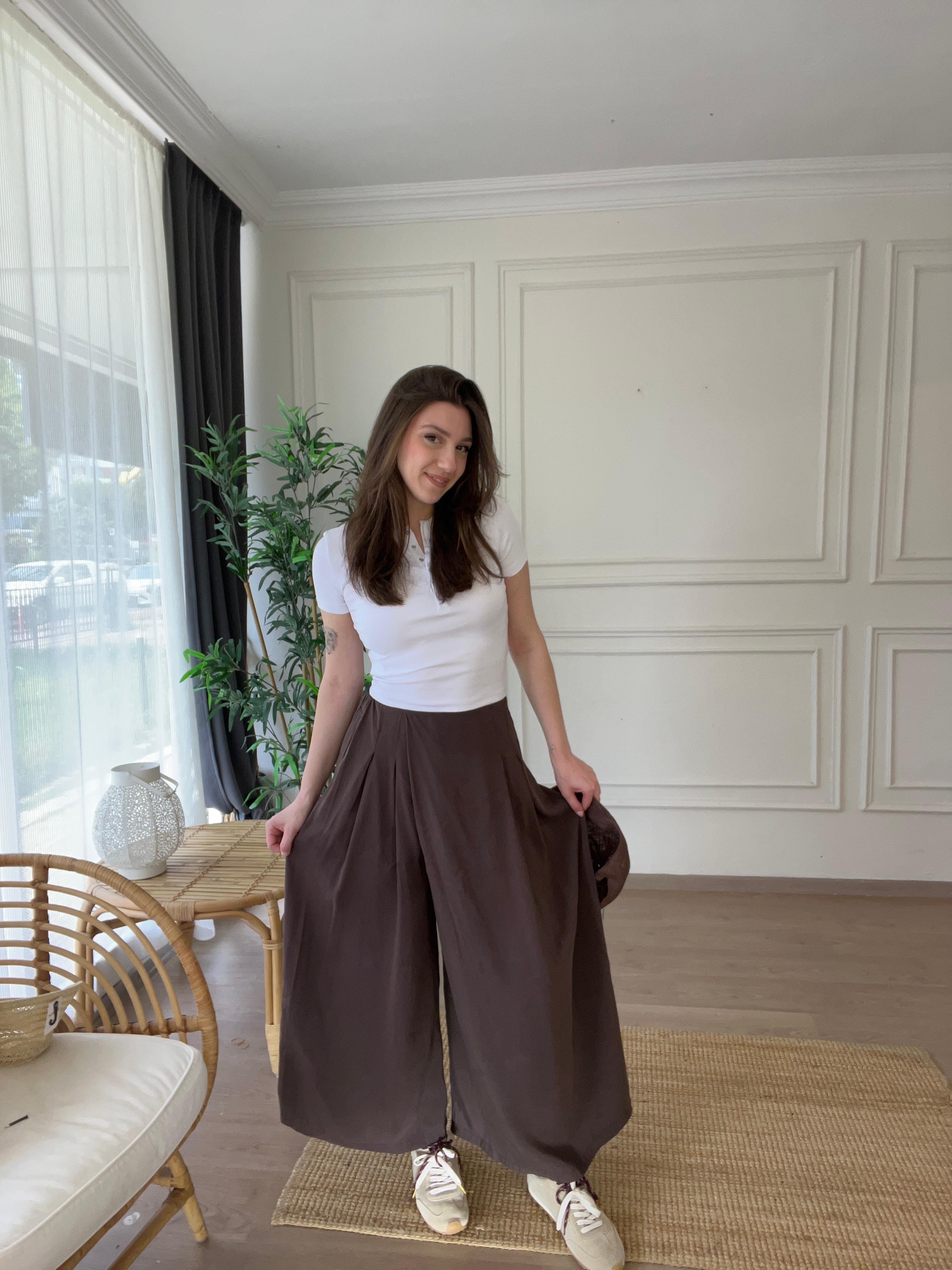 Beli Lastikli Tencel Pantolon Kahverengi