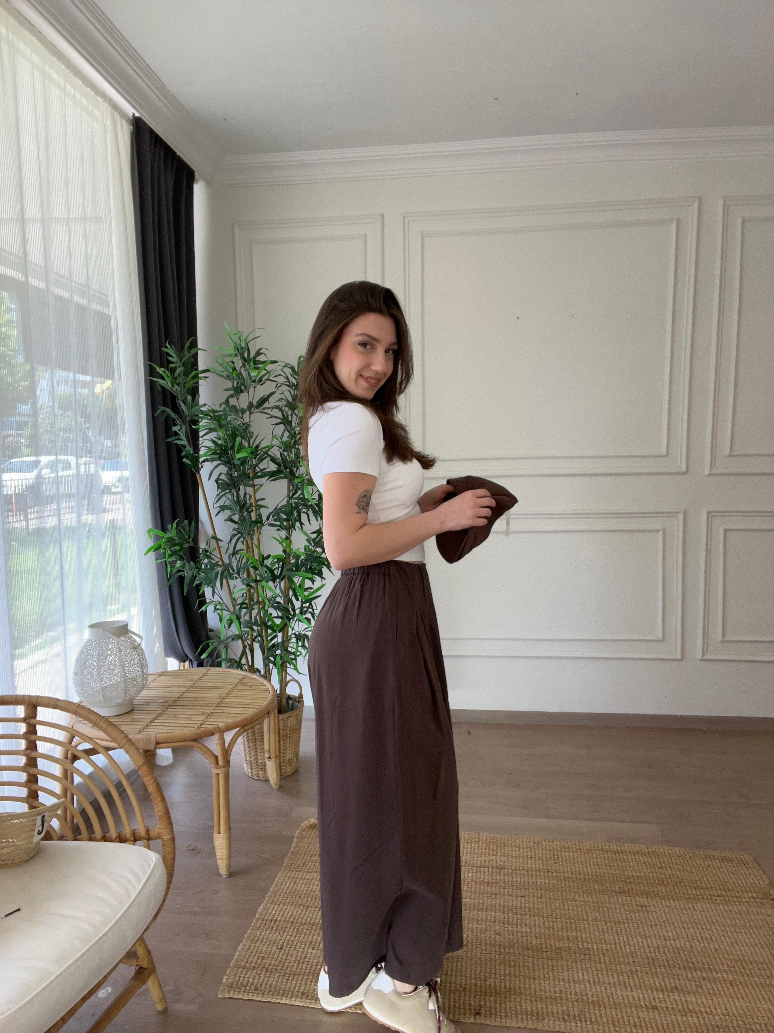 Beli Lastikli Tencel Pantolon Kahverengi