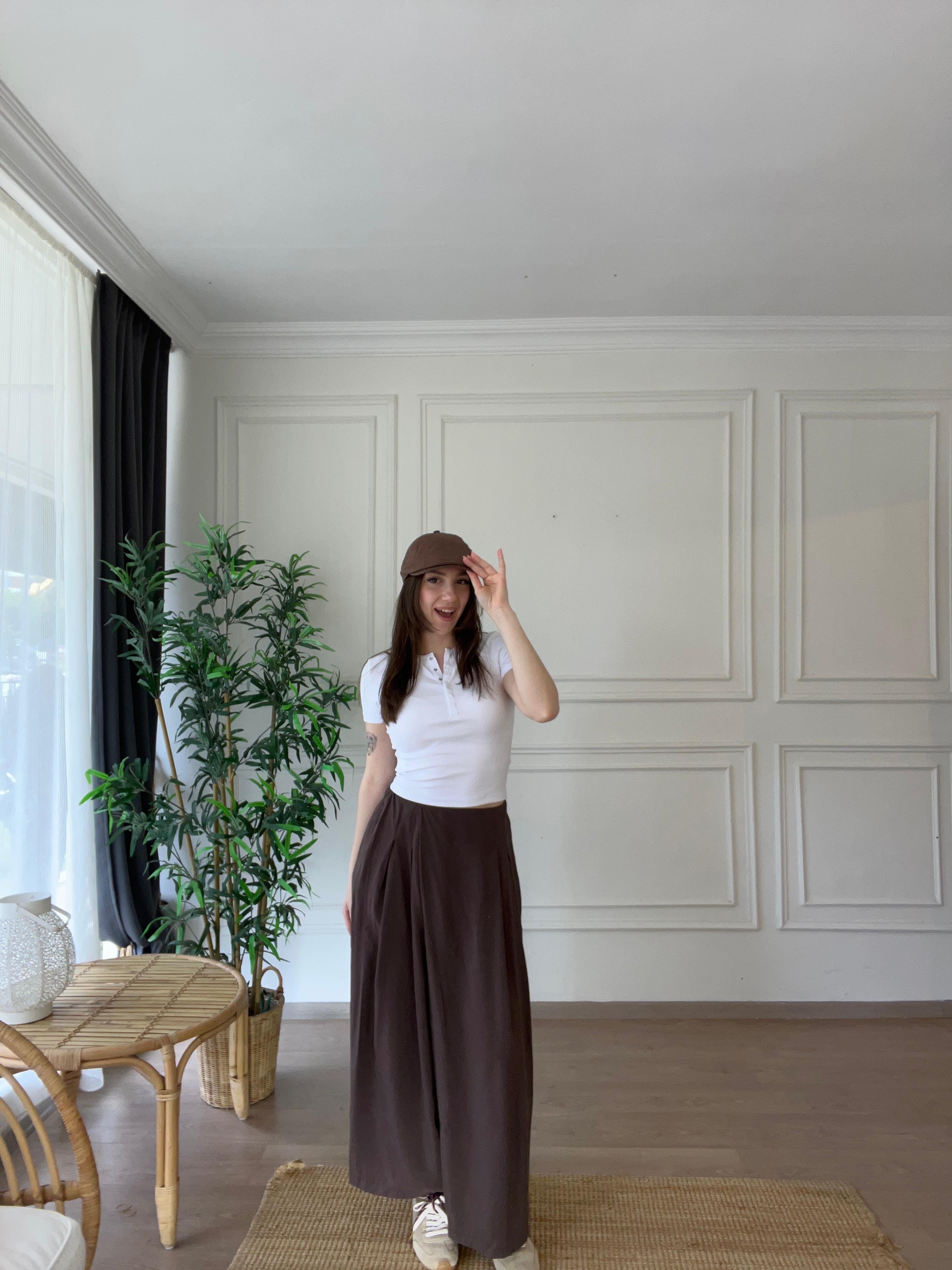 Beli Lastikli Tencel Pantolon Kahverengi