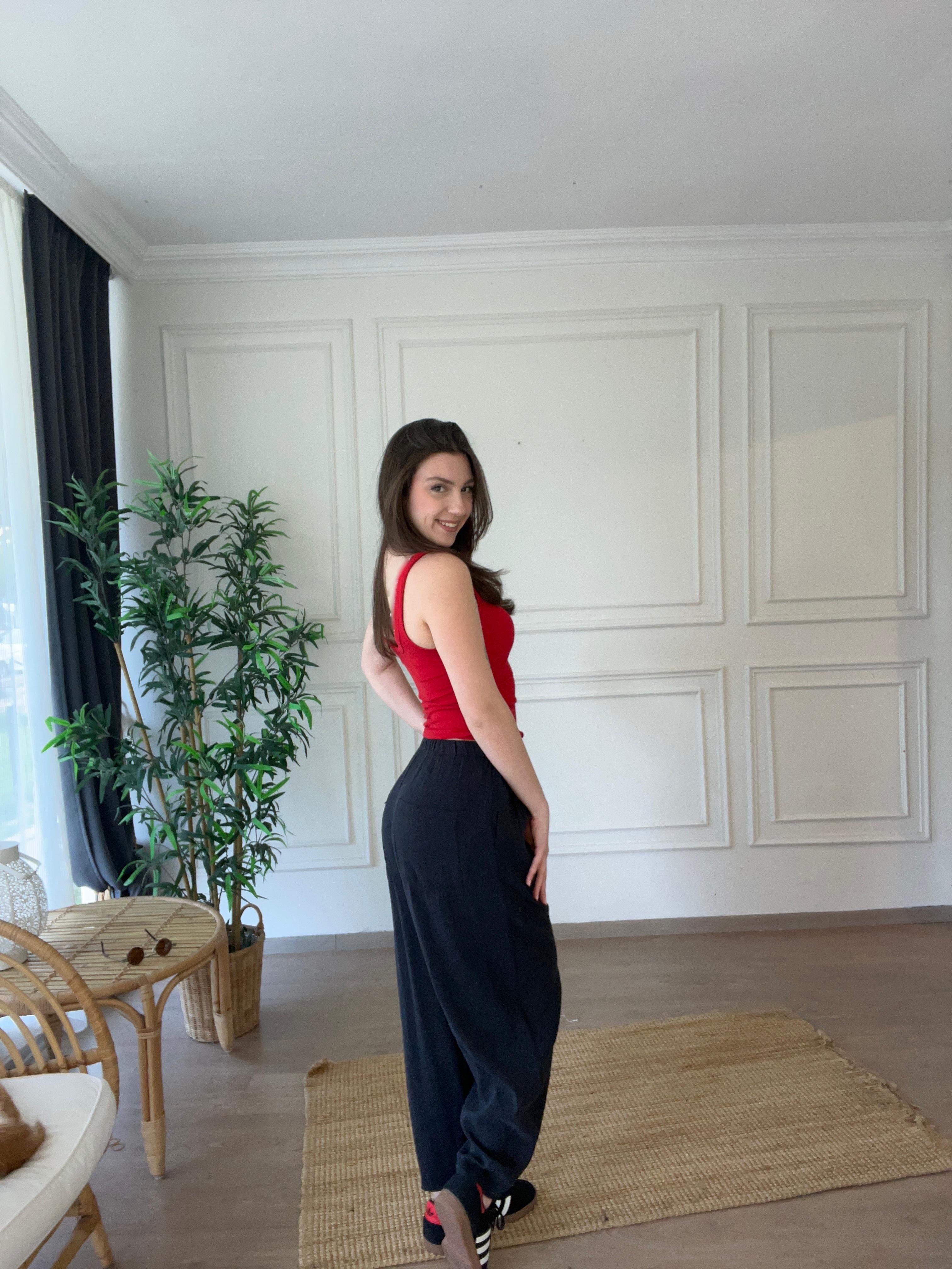 Beli Lastikli Tencel Pantolon Lacivert