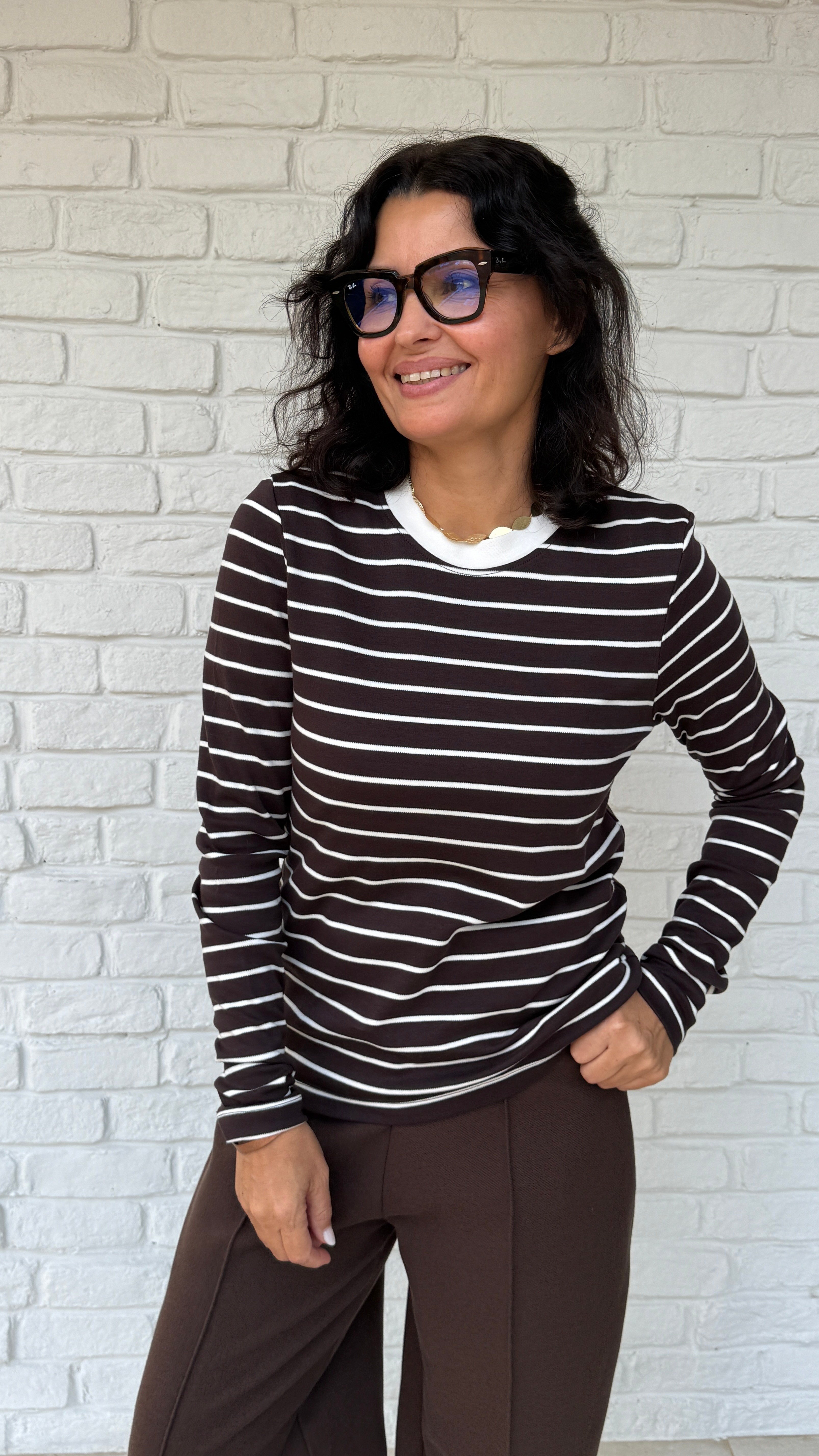 Bisiklet Yaka Çizgili Sweatshirt Kahverengi