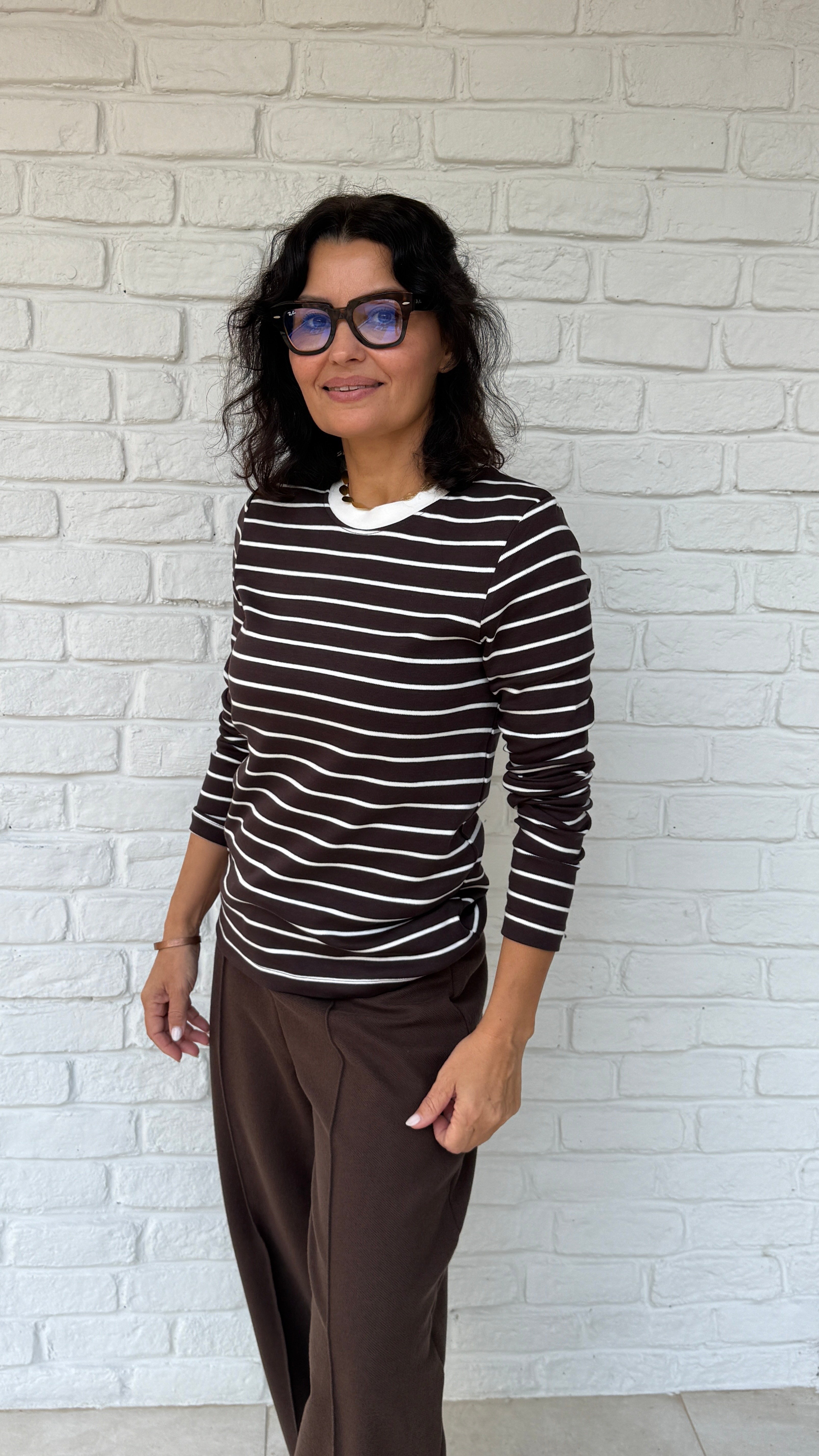 Bisiklet Yaka Çizgili Sweatshirt Kahverengi