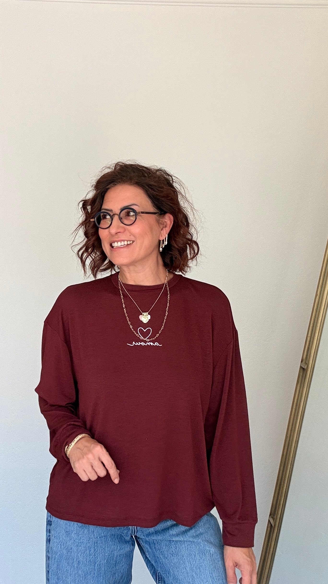 Bisiklet Yaka Kalp Nakış Detaylı Bluz Bordo