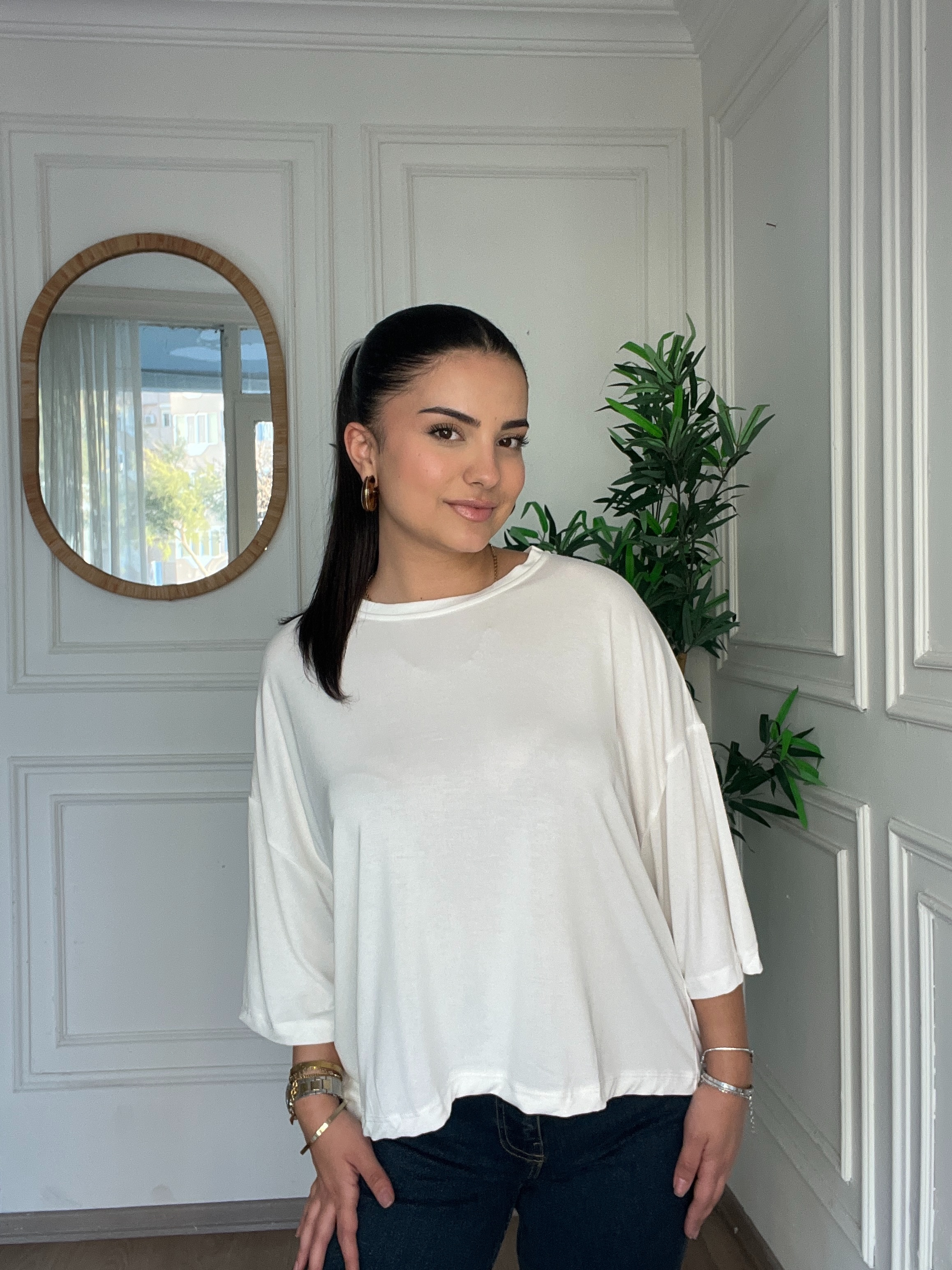 Bisiklet Yaka Modal Kısa Tshirt Ekru