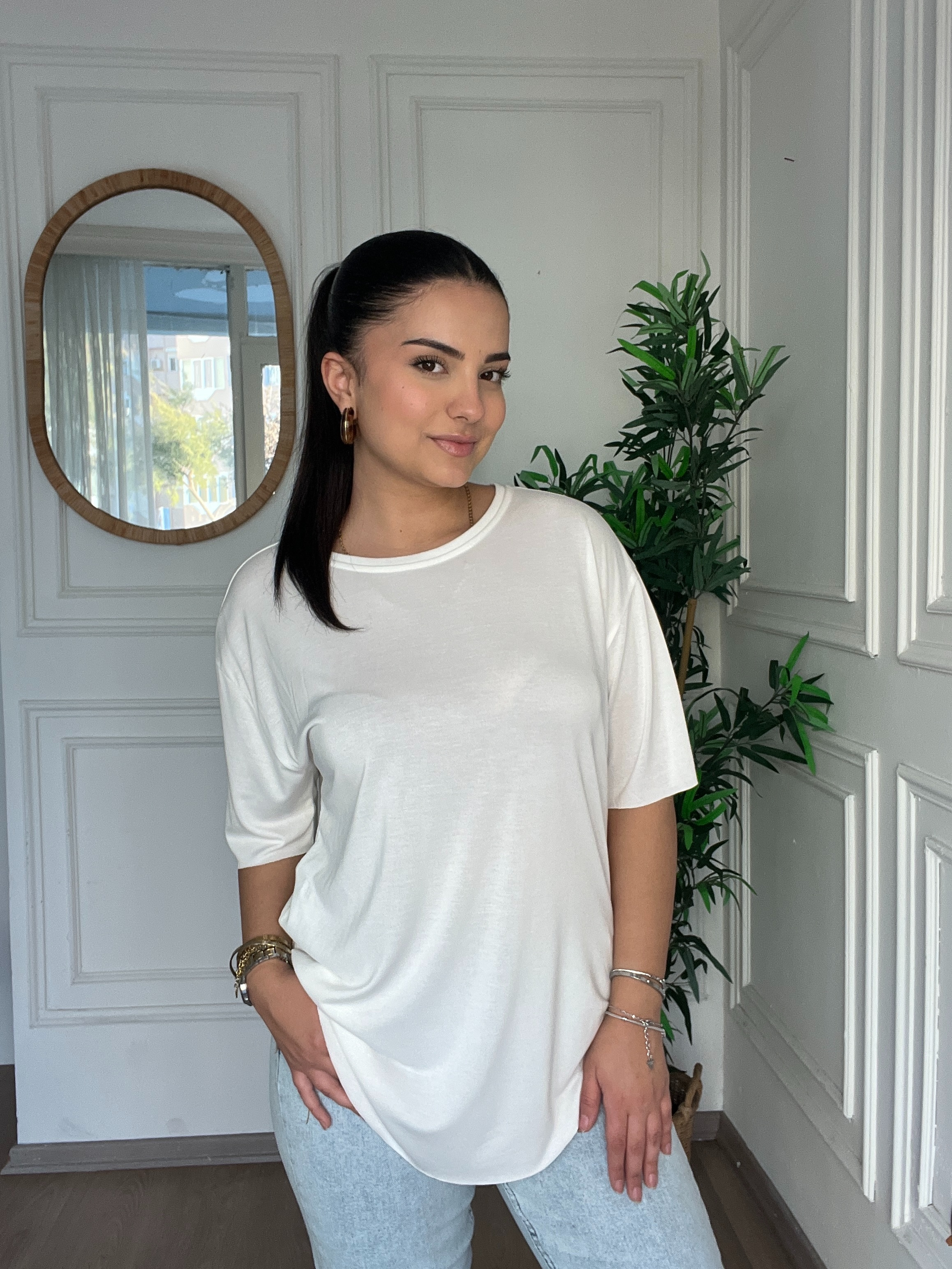 Bisiklet Yaka Modal Tshirt Ekru